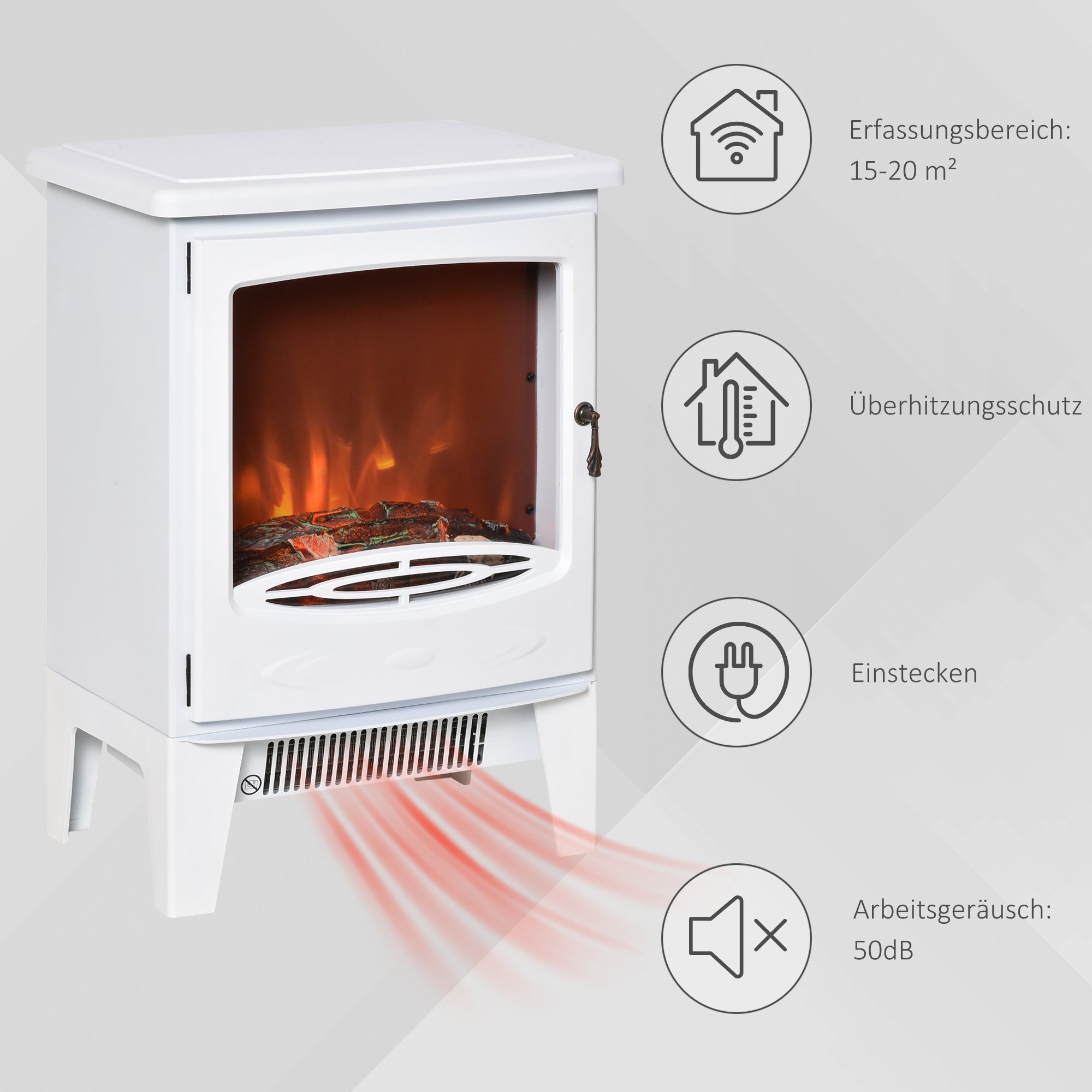 HOMCOM LED Elektrokamin Standkamin Kaminofen mit Flammeneffekt 900/1800W Metall ABS-Kunststoff Glas Weiß 39 x 26 x 54,8 cm