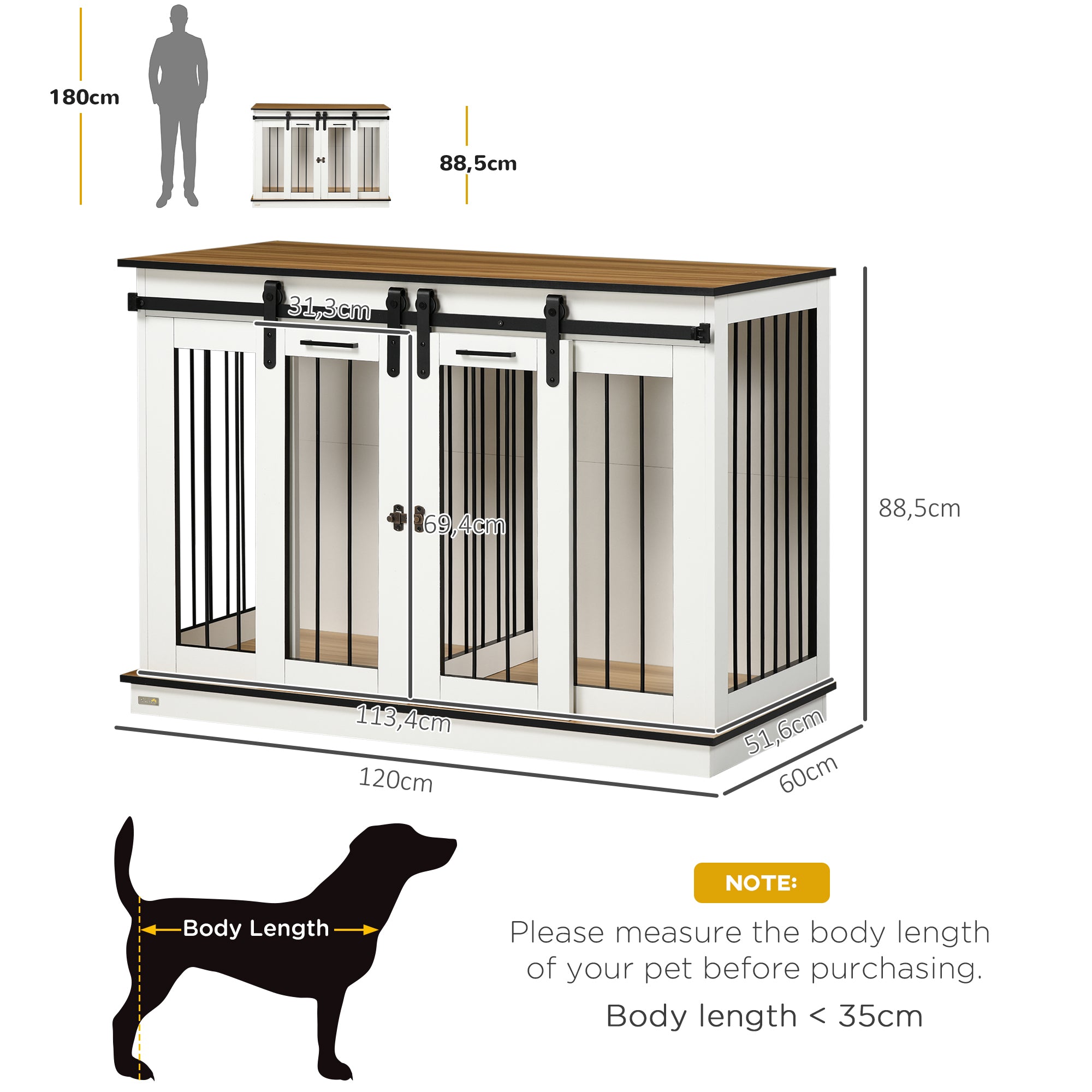 PawHut Hundekäfig mit 2 Türen, Hundebox, Transportbox für Hunde, rustikales Design, verriegelbar, Weiß