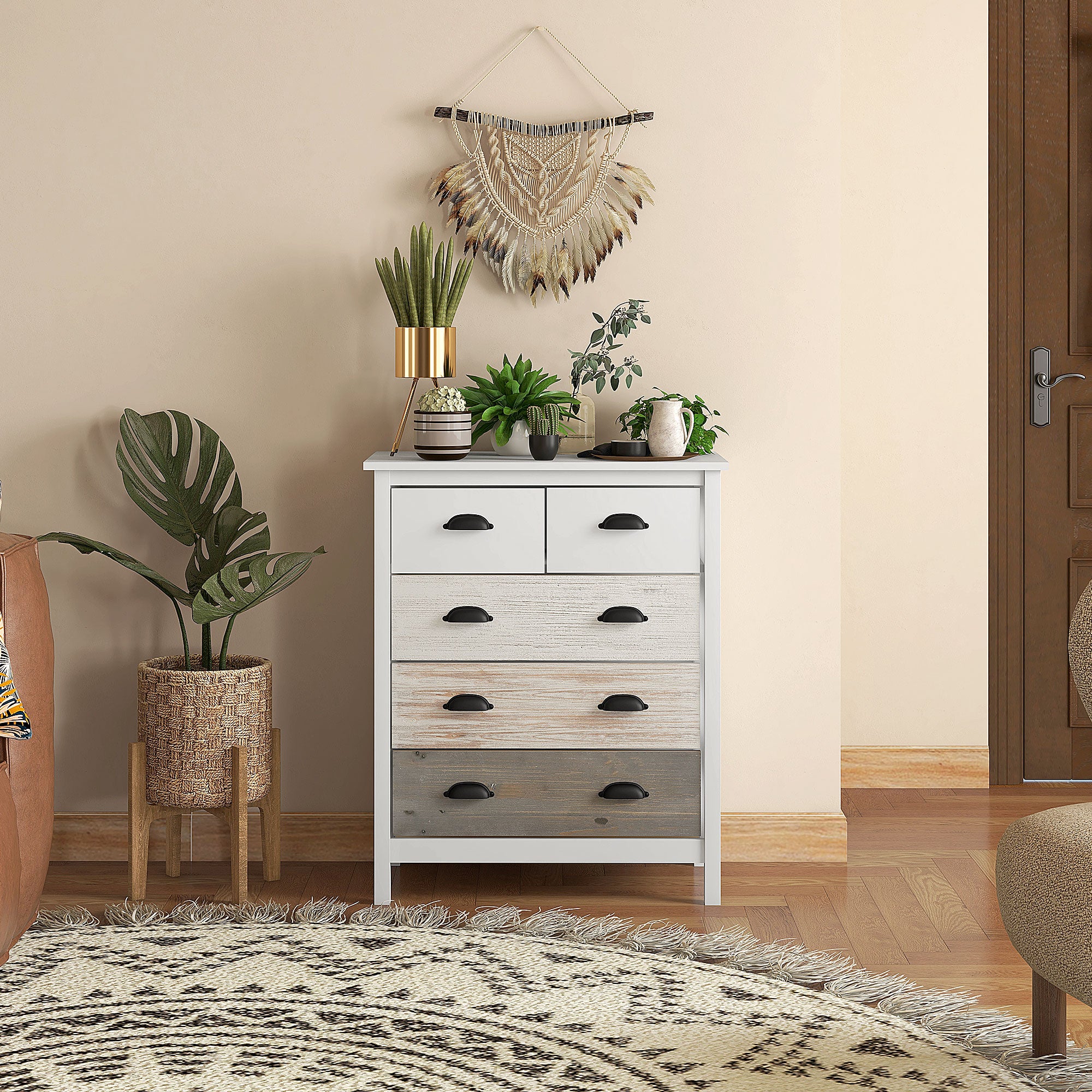 HOMCOM Sideboard, Kommode, 5 Schubladen, lackierte Oberfläche, MDF & Kiefernholz, 70 x 38 x 85 cm, Weiß