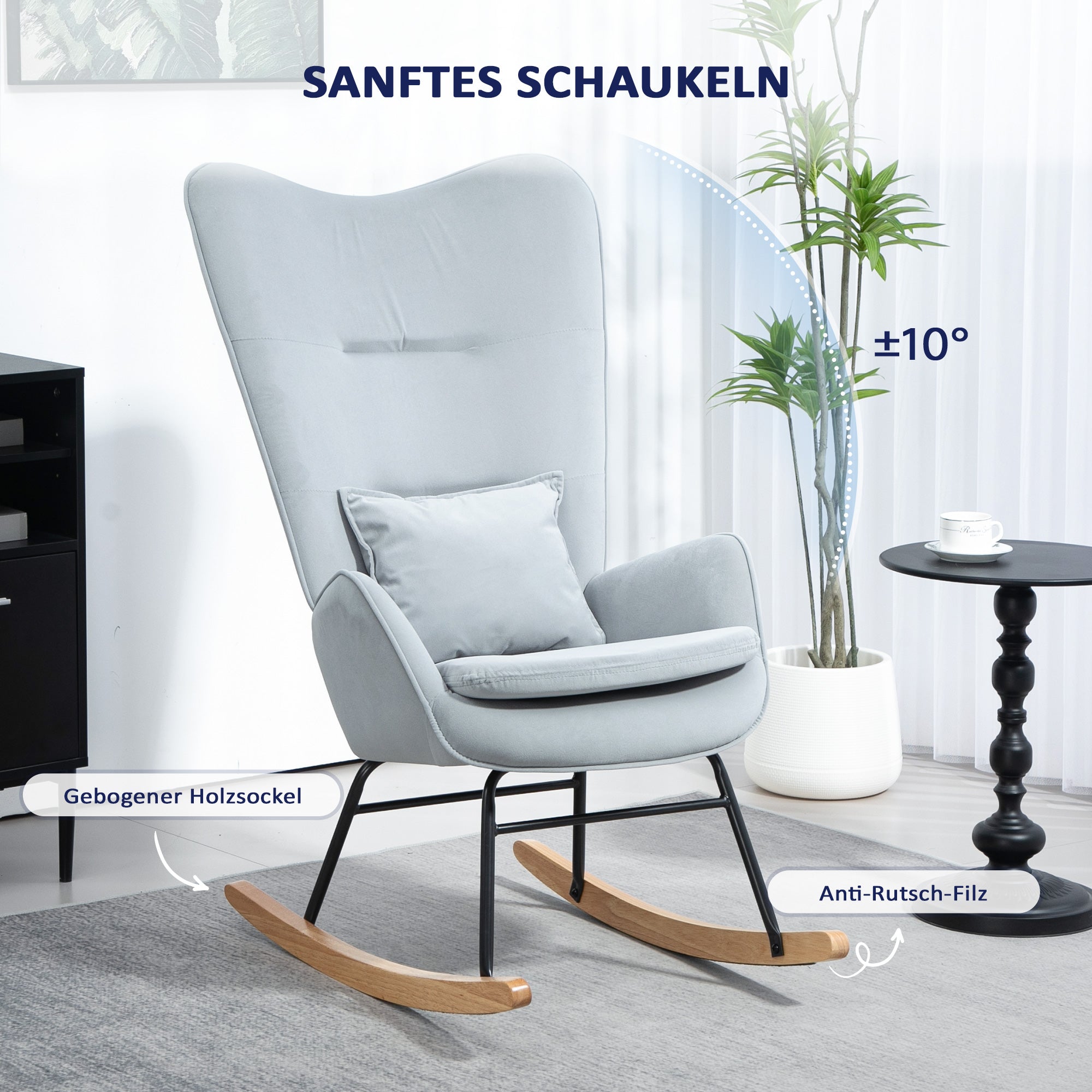 HOMCOM Schaukelstuhl, weicher Bezug in Samtoptik, mit Lendenkissen, bis 120 kg belastbar, 67 x 85 x 112 cm, Hellgrau