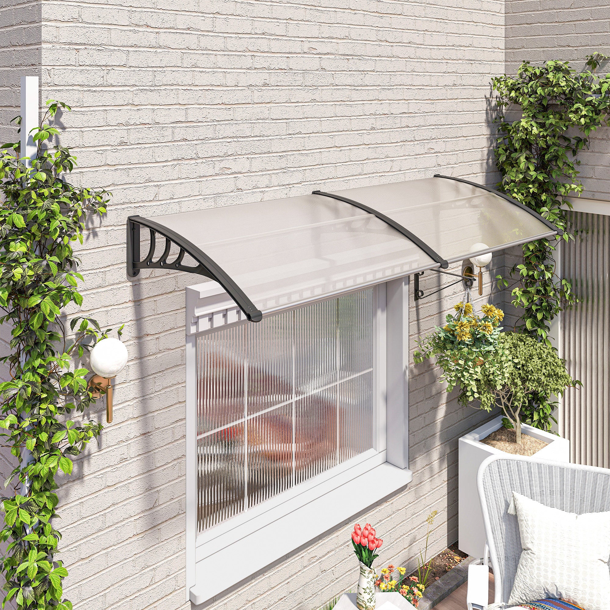 Outsunny Pultvordach Vordach für Haustür 75x195x23 cm Überdachung 5mm Polycarbonat Sonnenschutz Regenschutz für draußen Alu Transparent