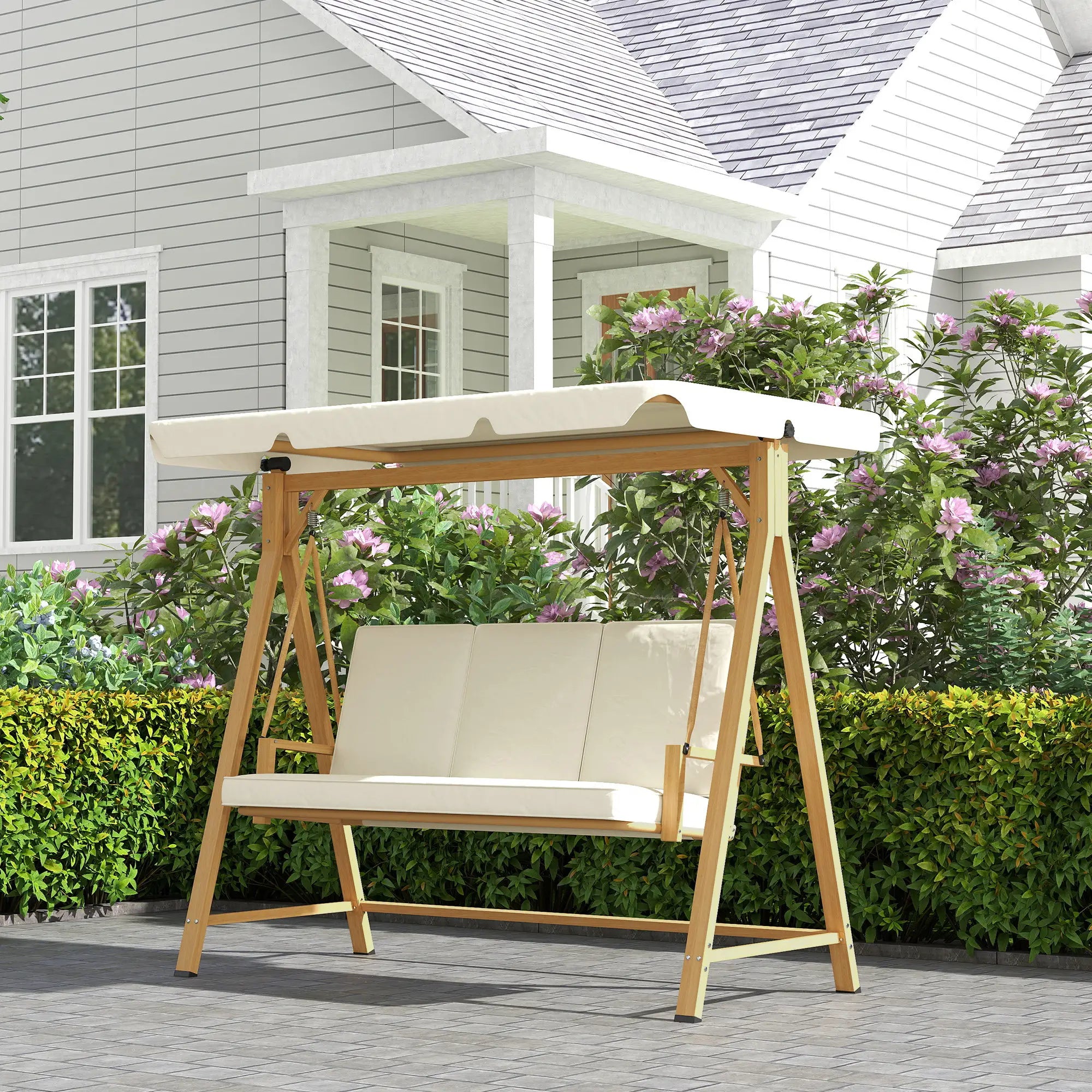 Outsunny Hollywoodschaukel mit verstellbarem Sonnendach Sitzauflage, 3-Sitzer bis 330kg 198 x 120 x 170cm, Beige
