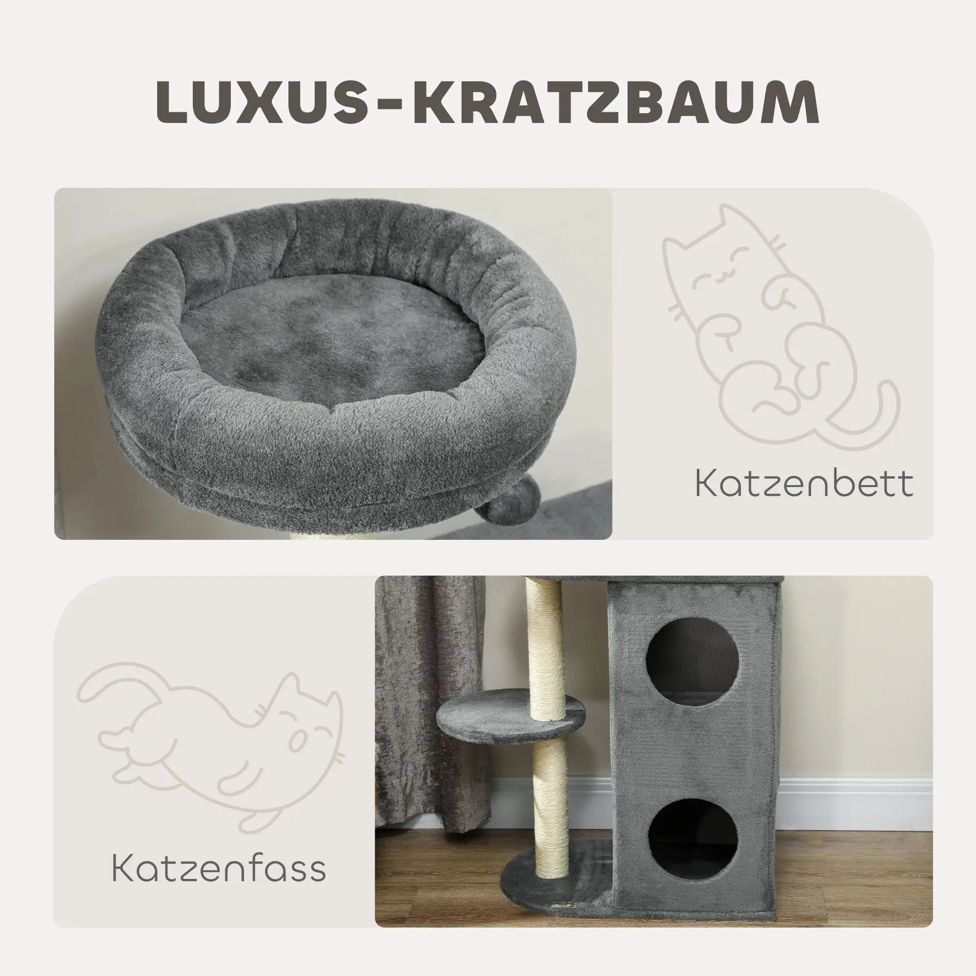 PawHut Kratzbaum 111?cm mit Höhle & Spielball Grau