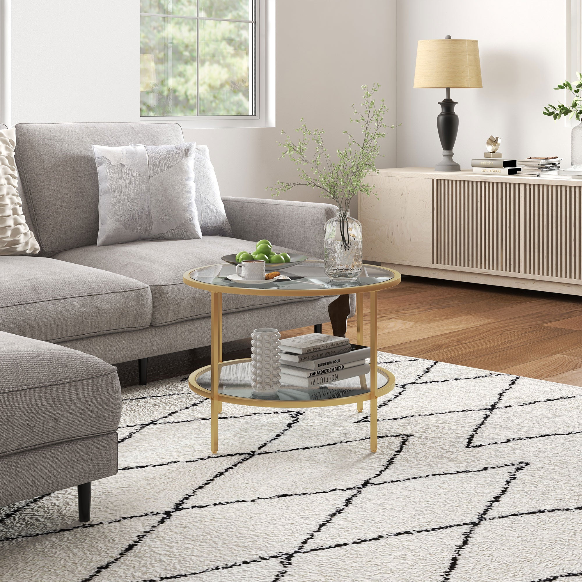 HOMCOM Beistelltisch, modernes Design, 2 Etagen, Ø60x43H cm, Goldton