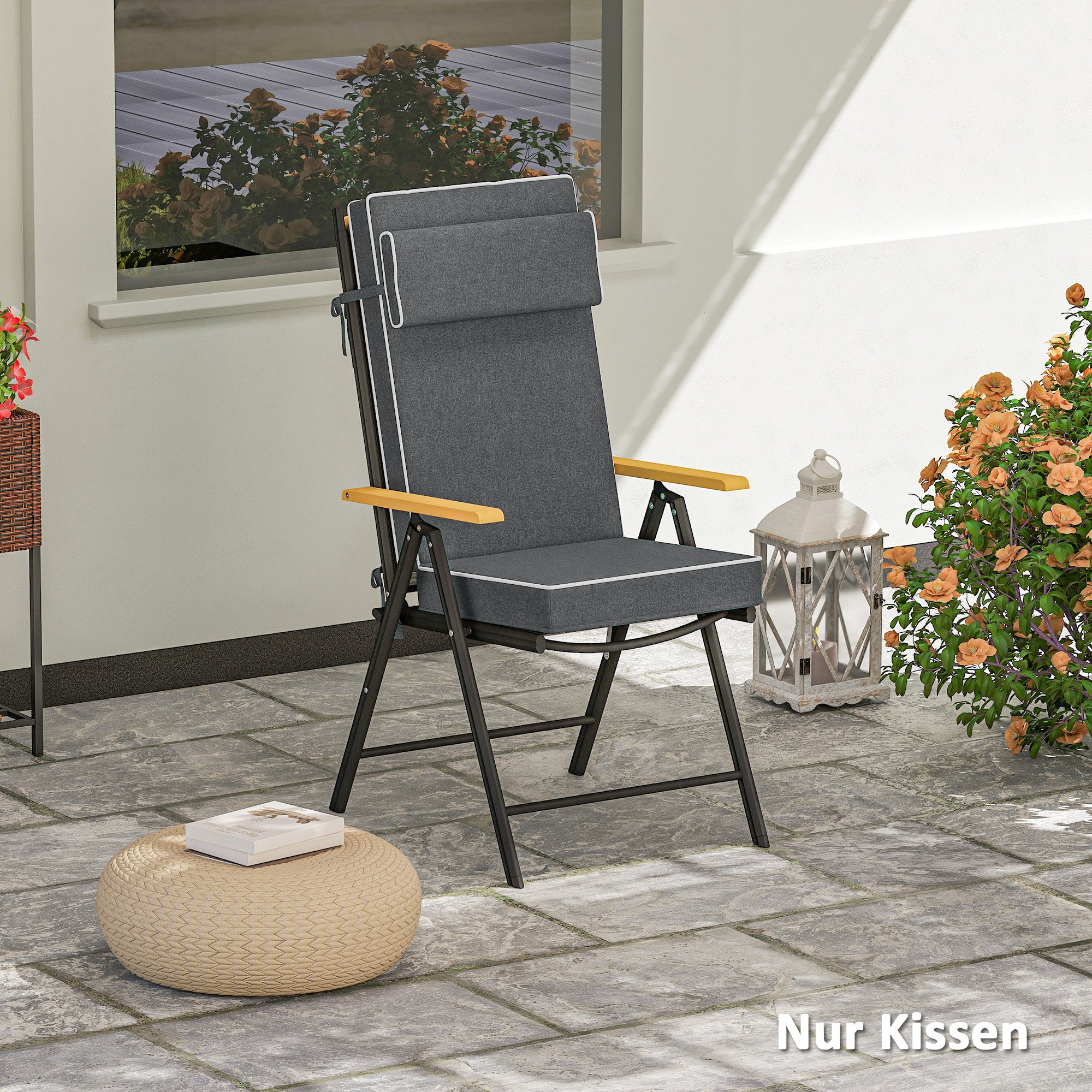 Outsunny Sitzkissen 120 x 47 x 9,5 cm wasserabweisend Stuhlkissen mit Bändern, Kopfstütze, UPF50+ Dunkelgrau