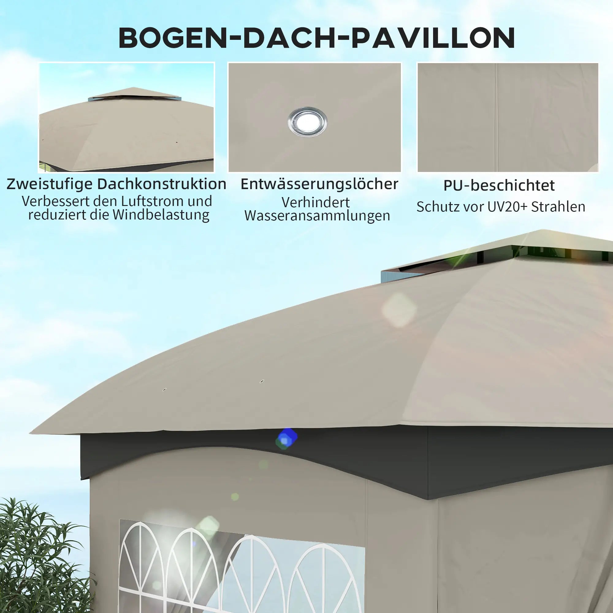 Outsunny 3,4 x 3,4 m Gartenpavillon, Bierzelt mit Lüftungsdach, Bogenfenstern, Stahlgestell, Hellgrau