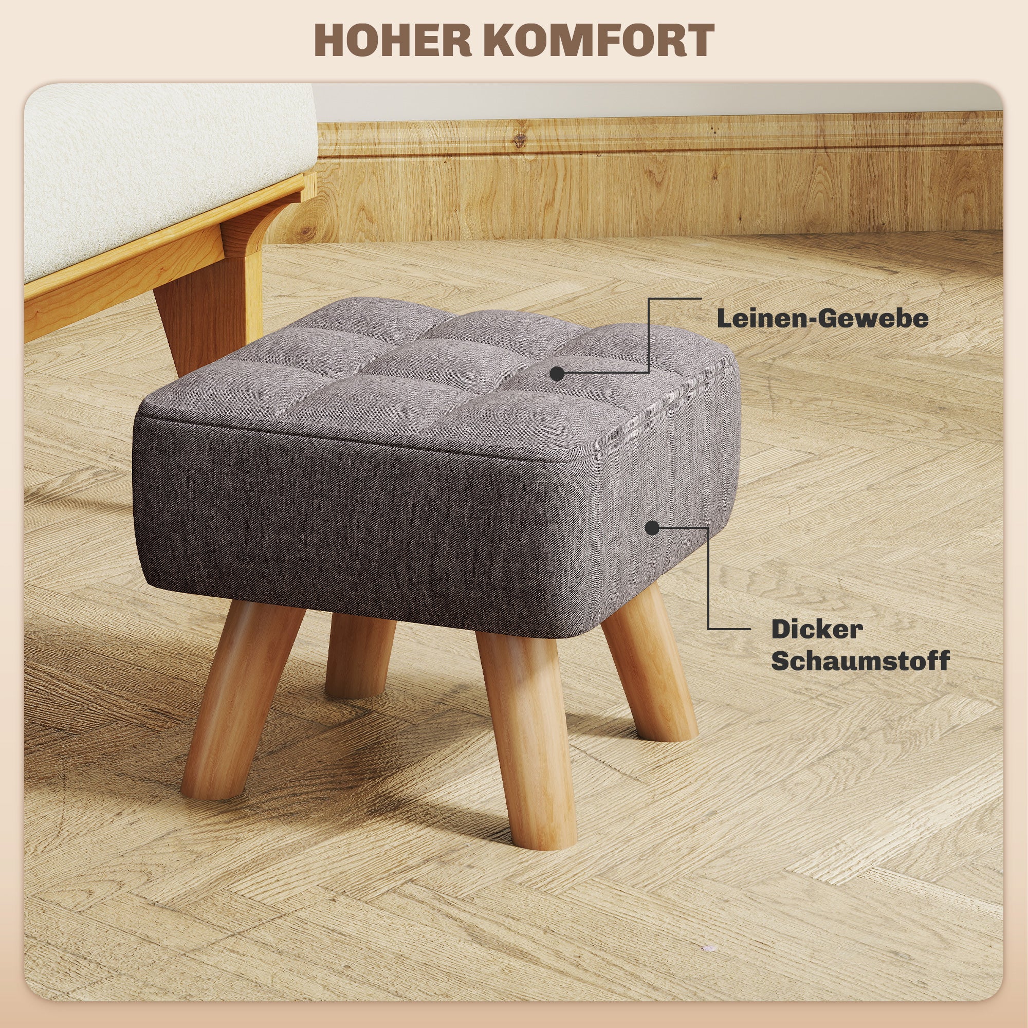 HOMCOM Fußhocker mit Polsterung, Leinenoptik, Holzbeine, bis 110 kg belastbar, Grau