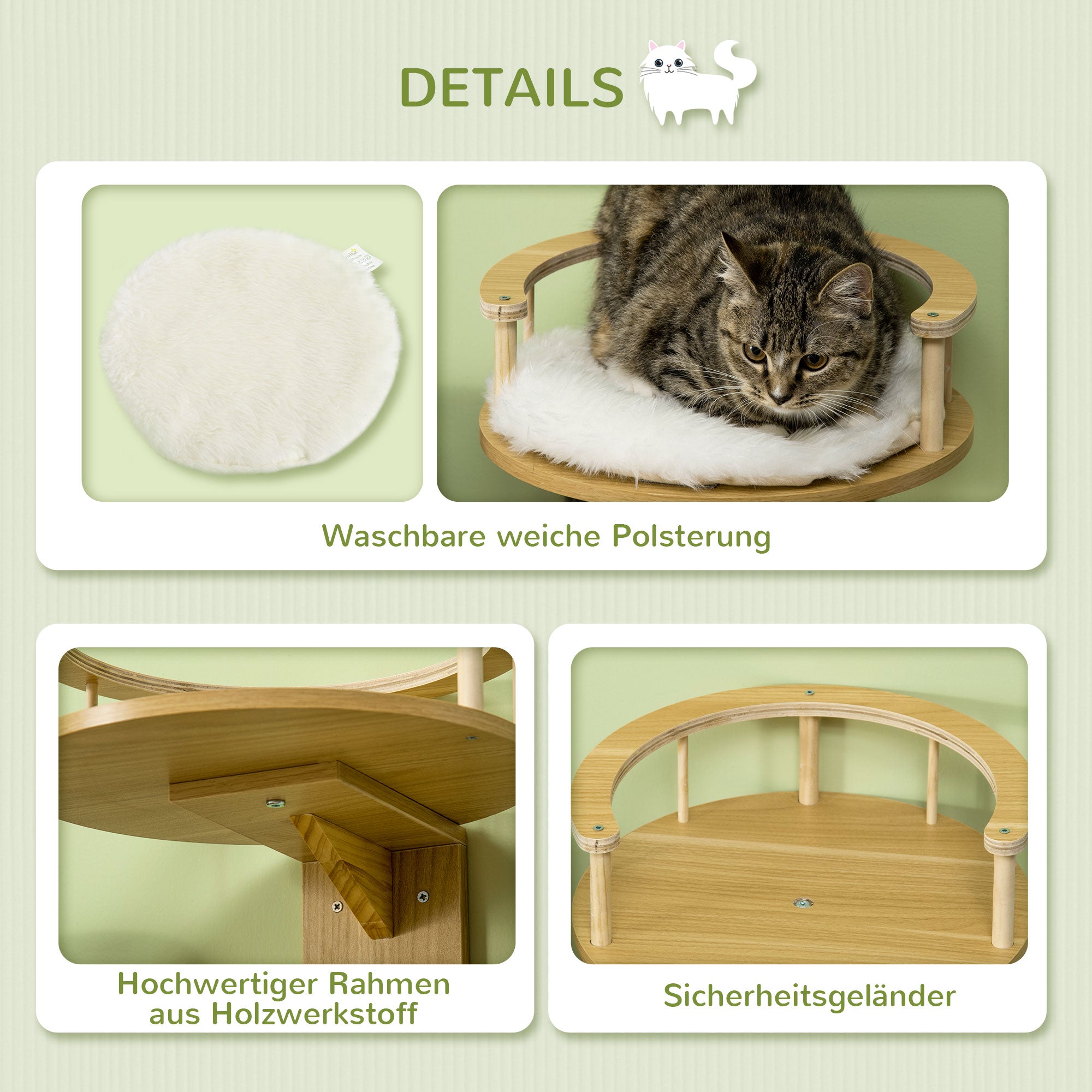 PawHut Wandliege, Katzenbett, mit Schutzrand, Liegekissen, für Wandmontage, Eiche+cremeweiß, 34 x 34 x 10,5 cm