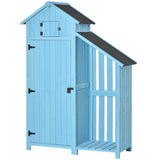 Outsunny Gartenhaus Gerätehaus Geräteschuppen mit Brennholzlagerraum Geräteschuppen mit 3 Ablagen Asphaltdach Tannenholz Himmelblau 130 x 54,5 x 180 cm, 130cm x 54,5cm x 180cm