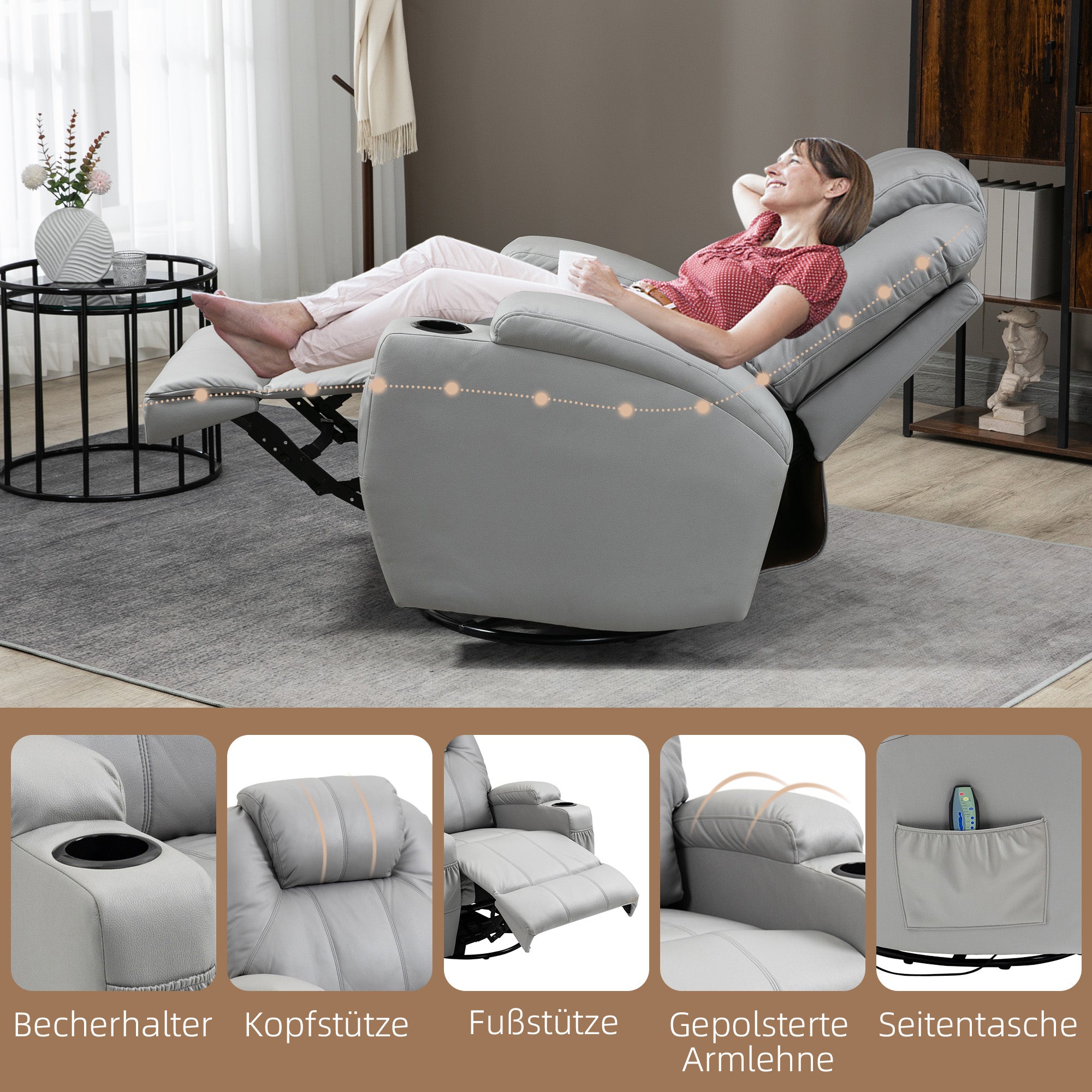HOMCOM Massagesessel mit Fußstütze, 8 Vibrationspunkte, 5 Modi, inkl. Fernbedienung, Hellgrau