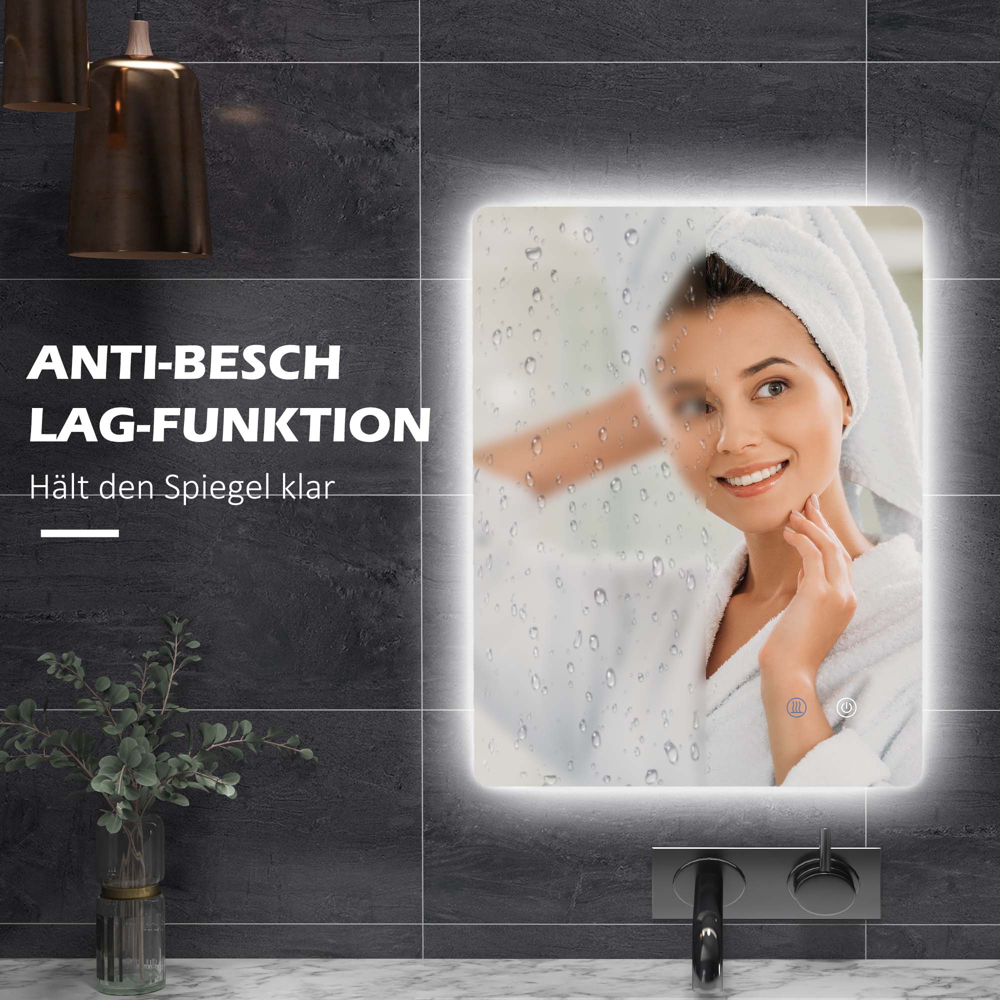 kleankin LED-Badezimmerspiegel, Antibeschlag, Touch-Schalter, Hintergrundbeleuchtung, 70 x 50 cm, Weiß