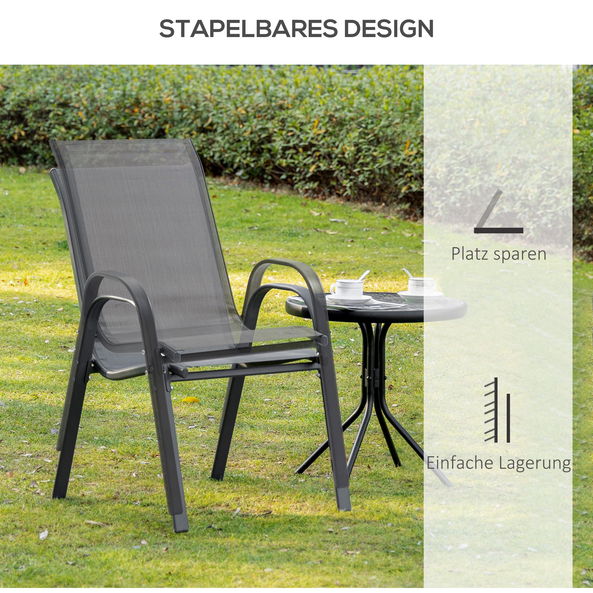 Outsunny Gartenstuhl 2er Set wetterfest Gartenstühle Stapelstuhl mit Armlehne Rückenlehne stapelbar Terrassenstuhl bis 120 kg belastbar Gartenmöbel für Hinterhof, Garten, Balkon Grau