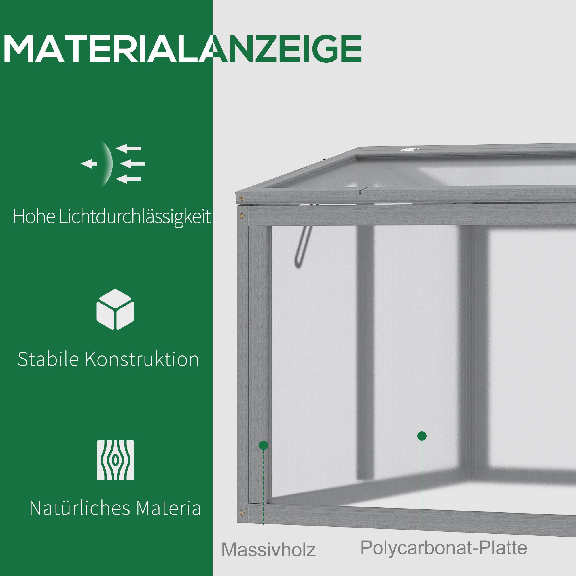 Outsunny Frühbeet Treibhaus Gewächshaus Frühbeetkasten Pflanzenbeet mit Abdeckung aus Holz und Polycarbonat wetterfest Hellgrau 90 x 80 x 58 cm