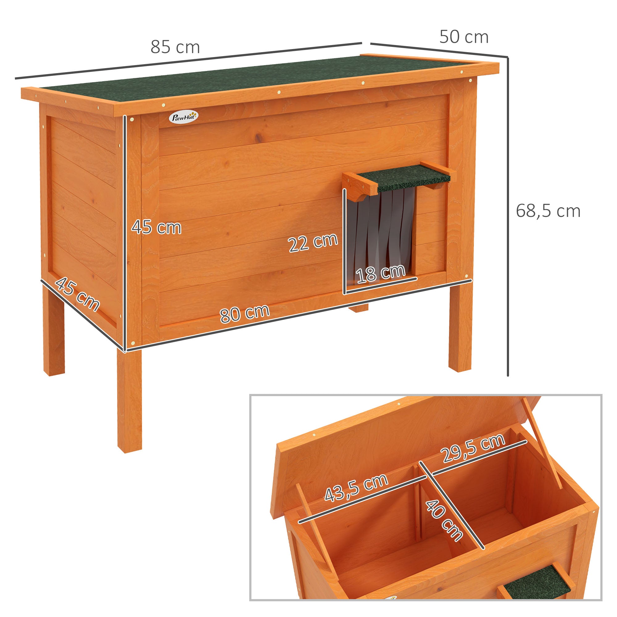 PawHut Katzenhaus Outdoor-Katzenhaus Katzenhütte, wetterbeständig, 1 Fenster, 1 Eingang, 85 x 50 x 68,5 cm, Orange+Grün