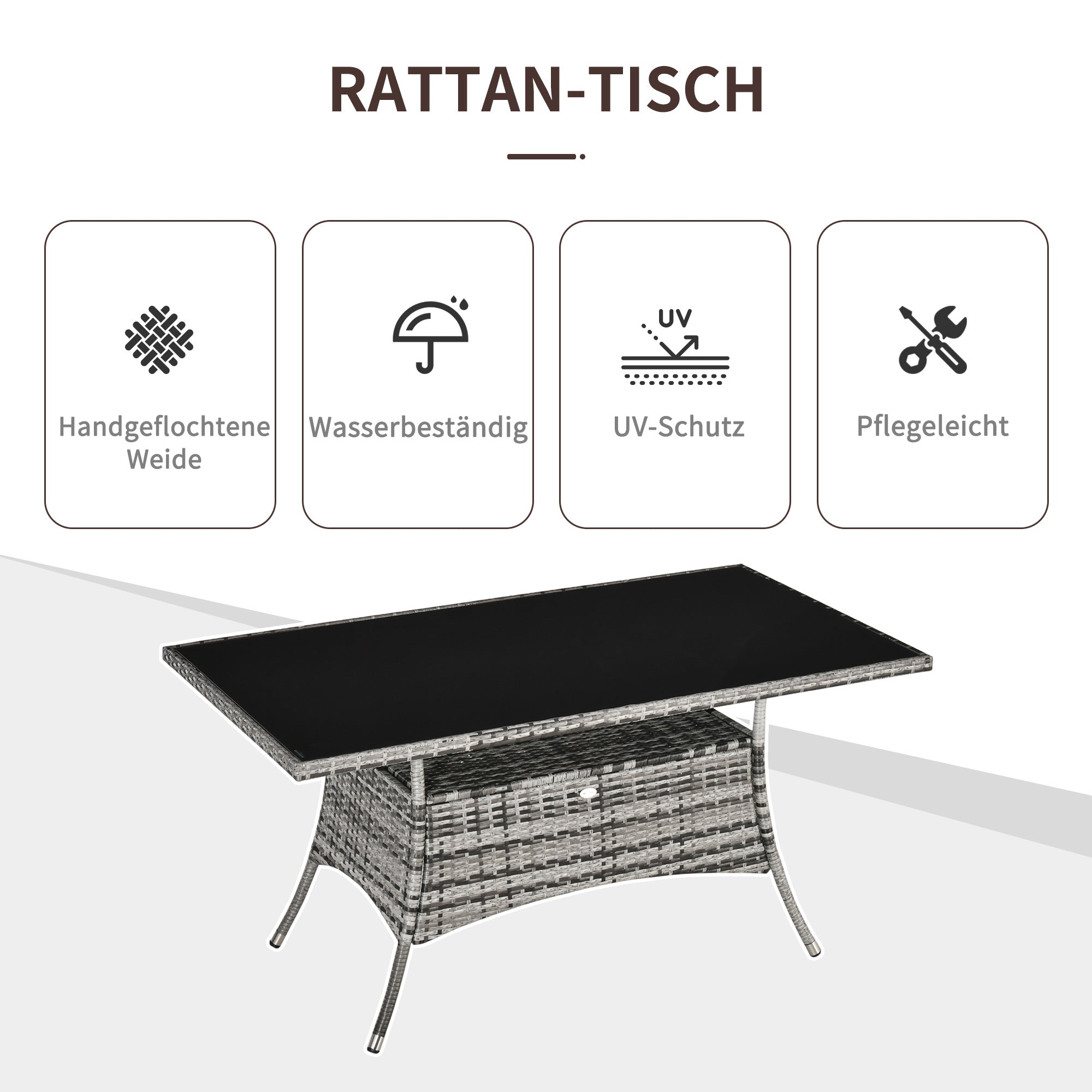 Outsunny Gartentisch Glastisch Esstisch Gartenmöbel Tisch, Polyrattan+Sicherheitsglas, Grau+Schwarz, 150x85x74cm