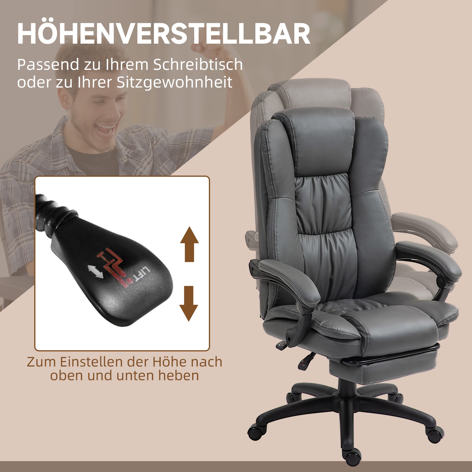 Vinsetto Verstellbarer Drehstuhl mit Fußstütze, Kopfstütze, Massagefunktion, Kunstleder, 68,5x68,5x113-121cm, Dunkelgrau
