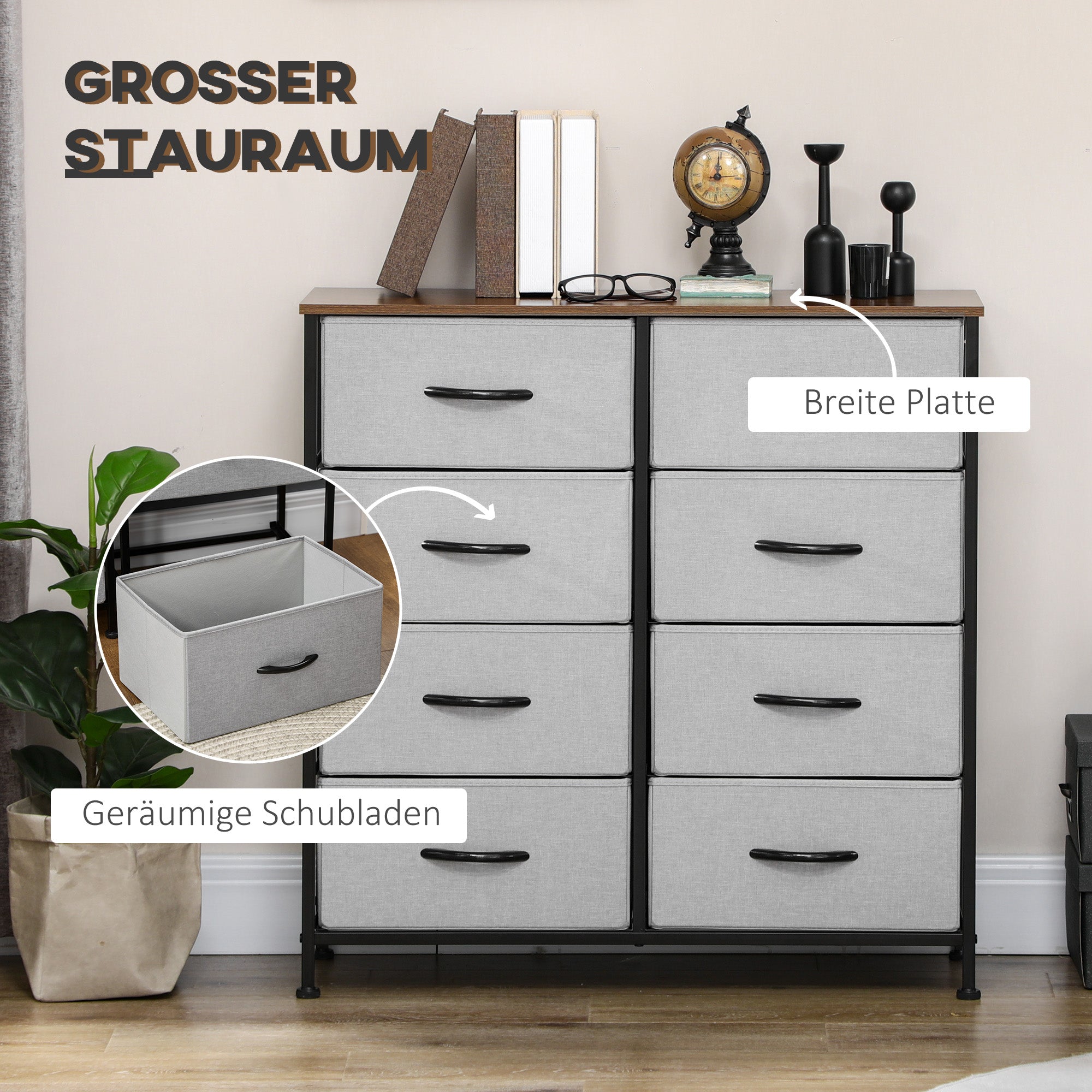 HOMCOM Kommode mit 8 Stoffschubladen, Metallrahmen, Ablage, 80x30x81,5 cm, Grau/Schwarz