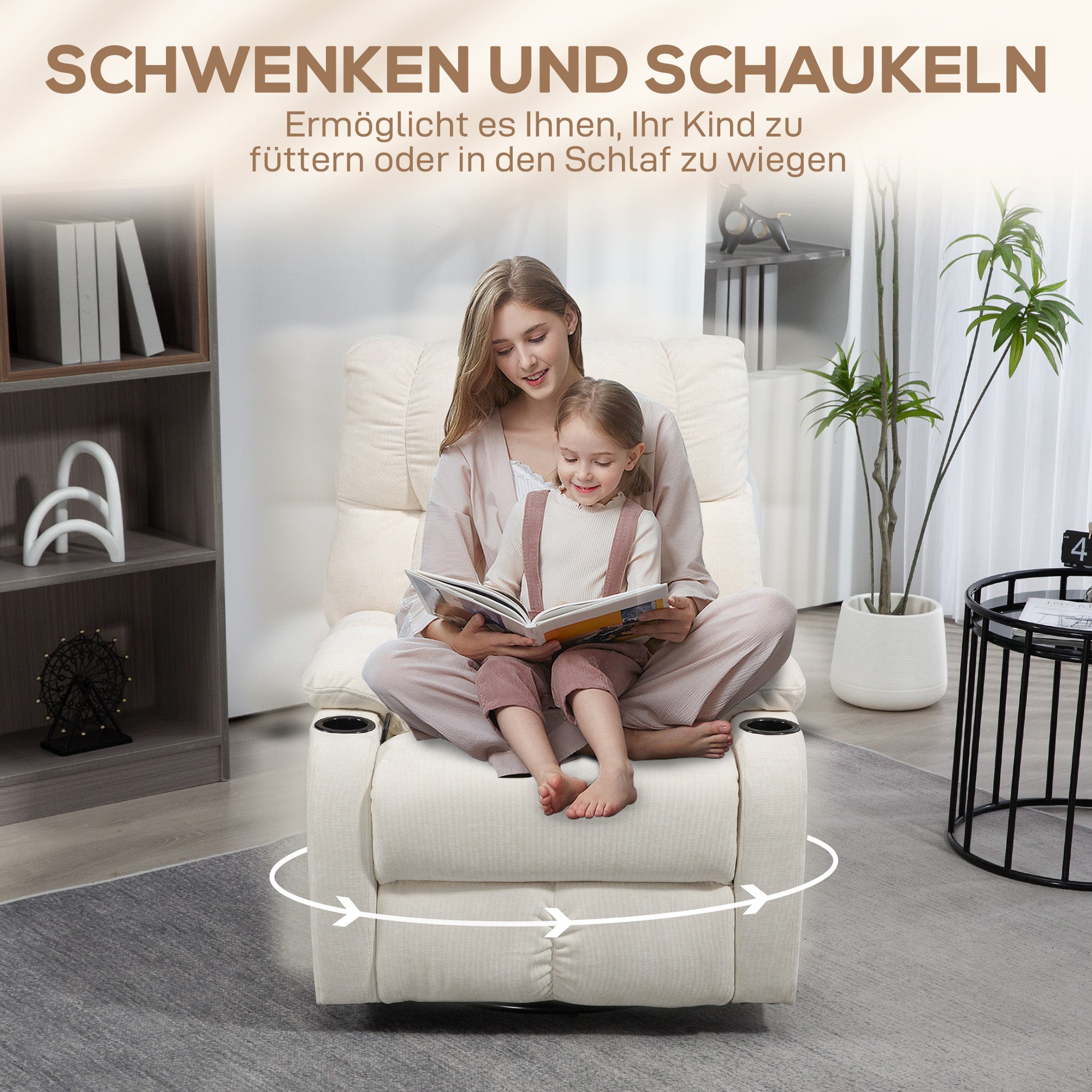 HOMCOM Relaxsessel mit Fußstütze, Liegesessel, drehbar, bis 150 kg, Stahlrahmen, 88x96x108cm, Beige