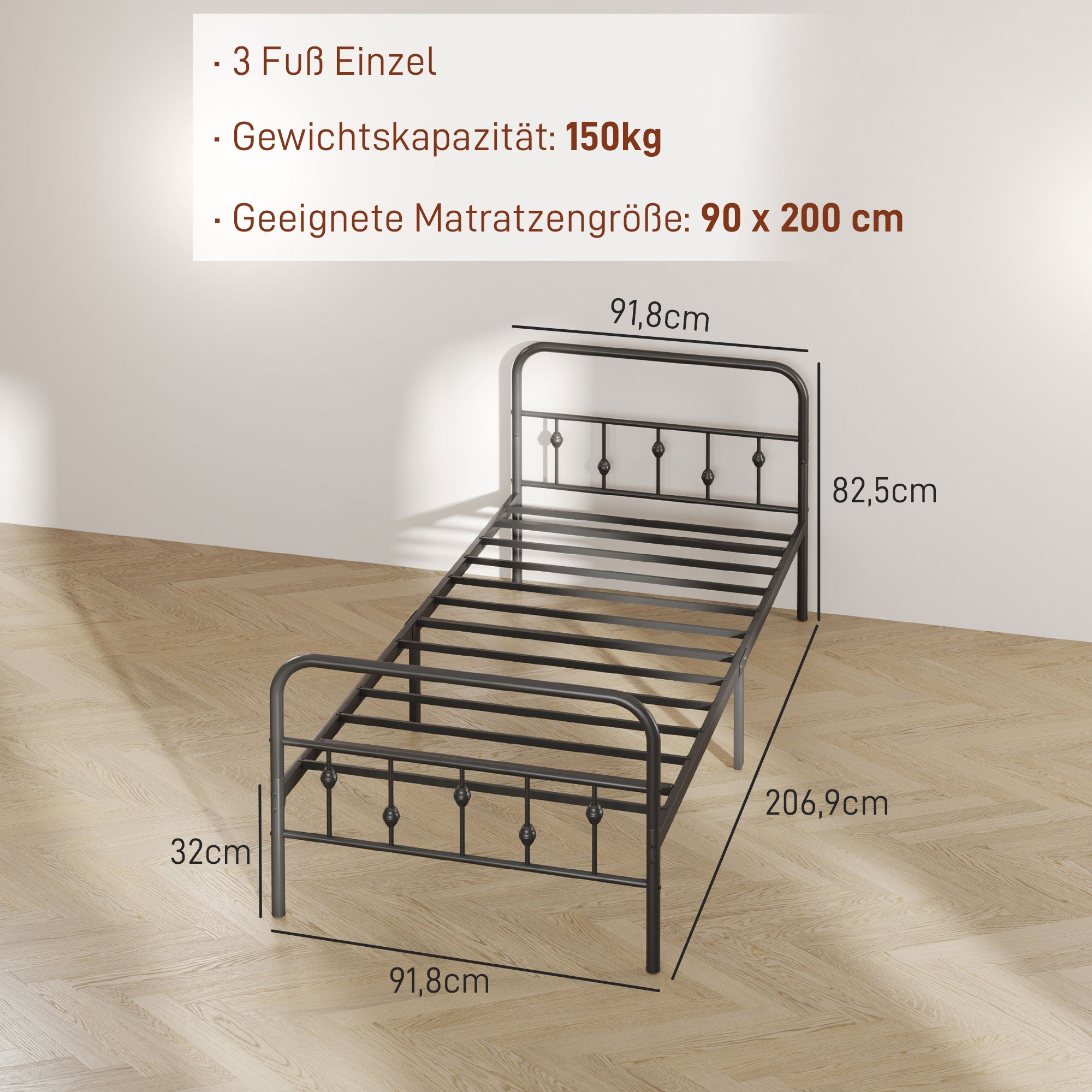 HOMCOM Einzelbettgestell aus Metall, Leichte Montage, mit geräuschreduzierenden Gummikits, Schwarz