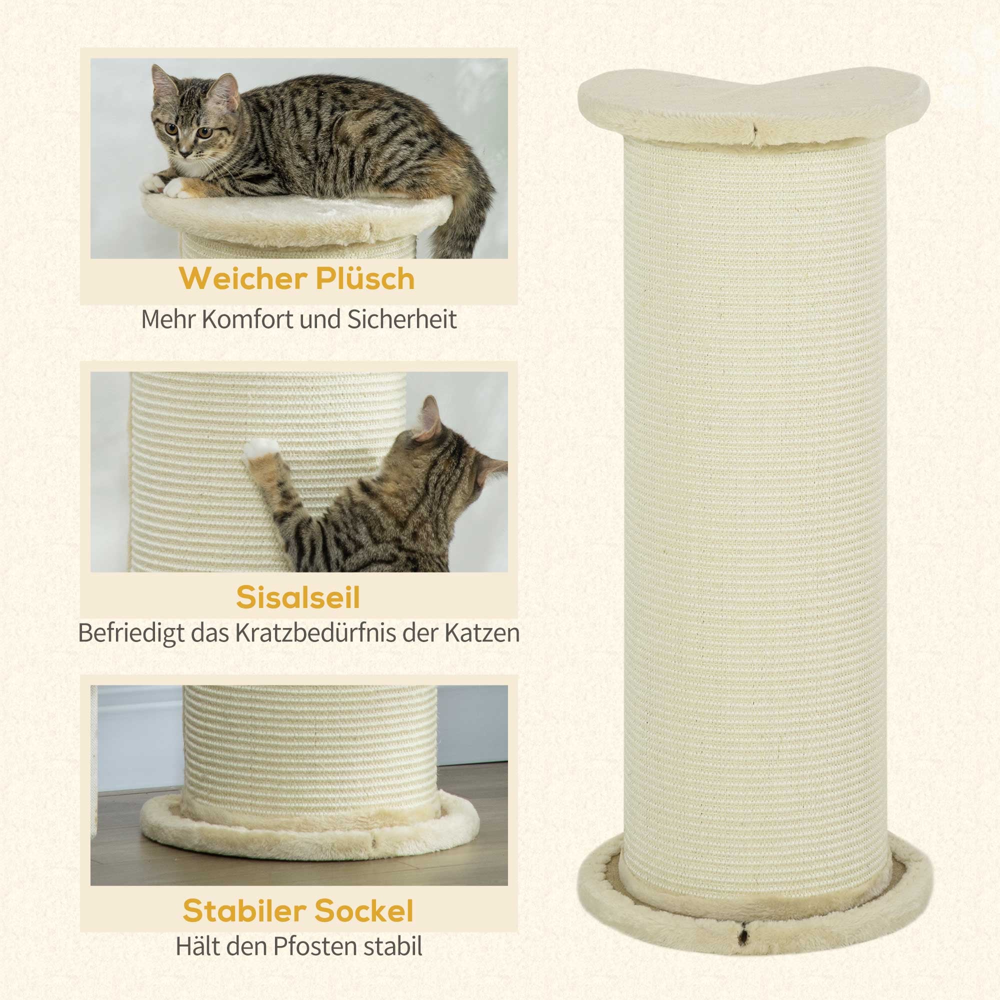PawHut Kratzbrett für Katzen, Eckdesign, platzsparend, 35 cm x 35 cm x 85 cm, Cremeweiß