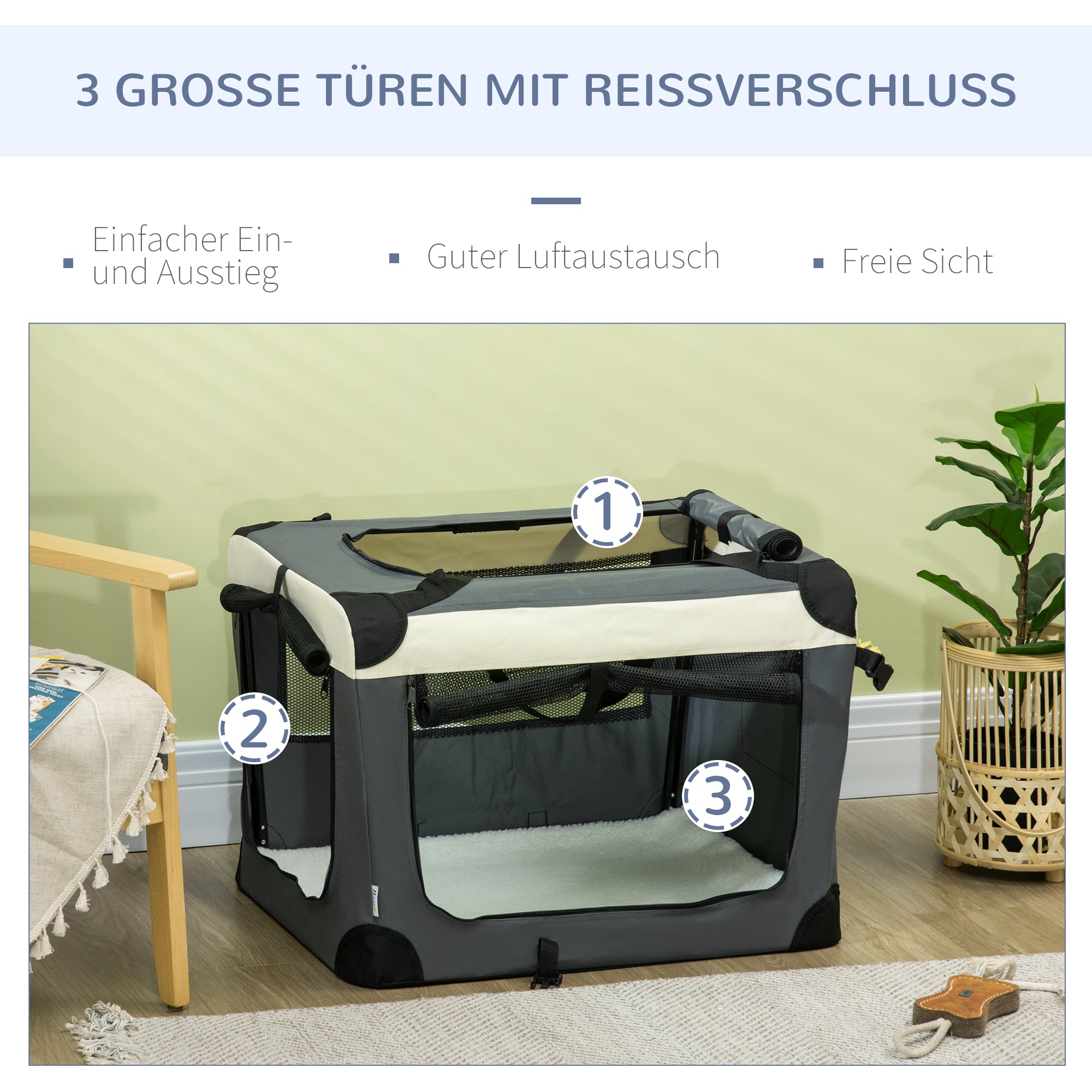 PawHut Transporttasche, Transportbox, für Katzen und kleine Hunde, faltbar, 3 Türen, grau, 70 x 51 x 50cm