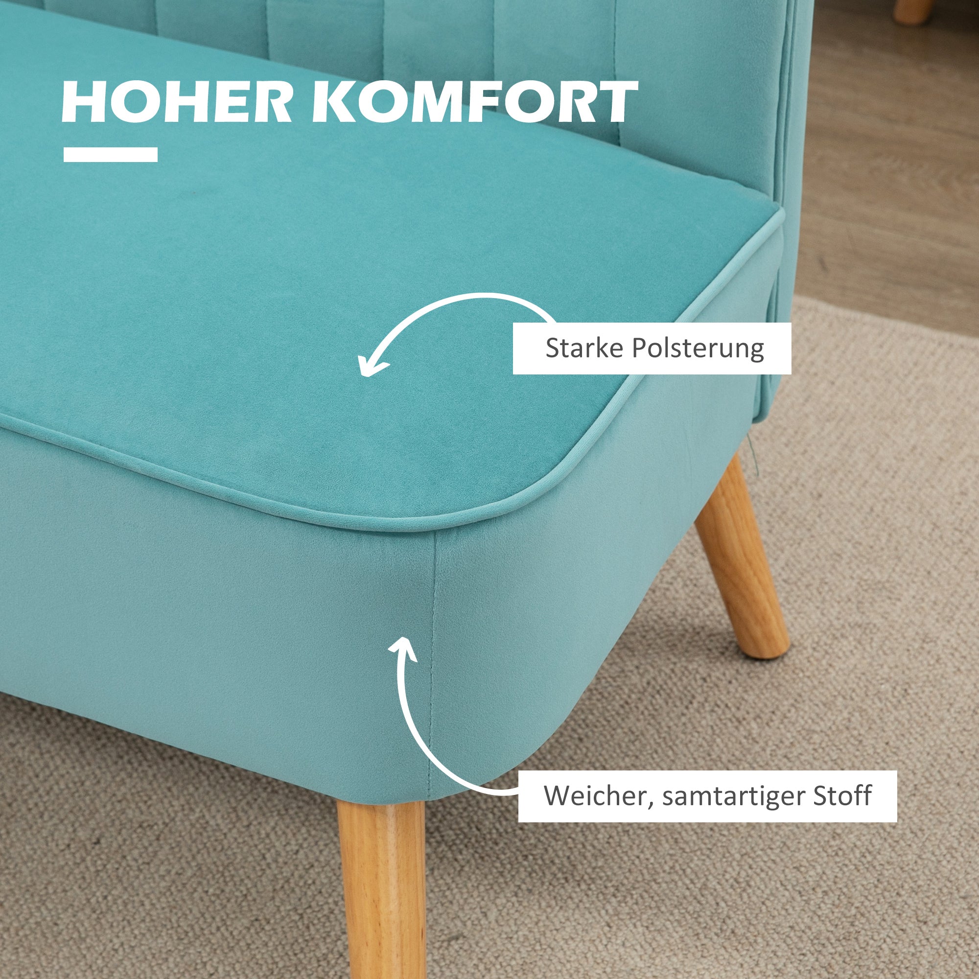 HOMCOM Sofa Retrodesign 2-Sitzer-Sofa, Holzbeine, 117 cm x 56,5 cm x 77 cm, Grün