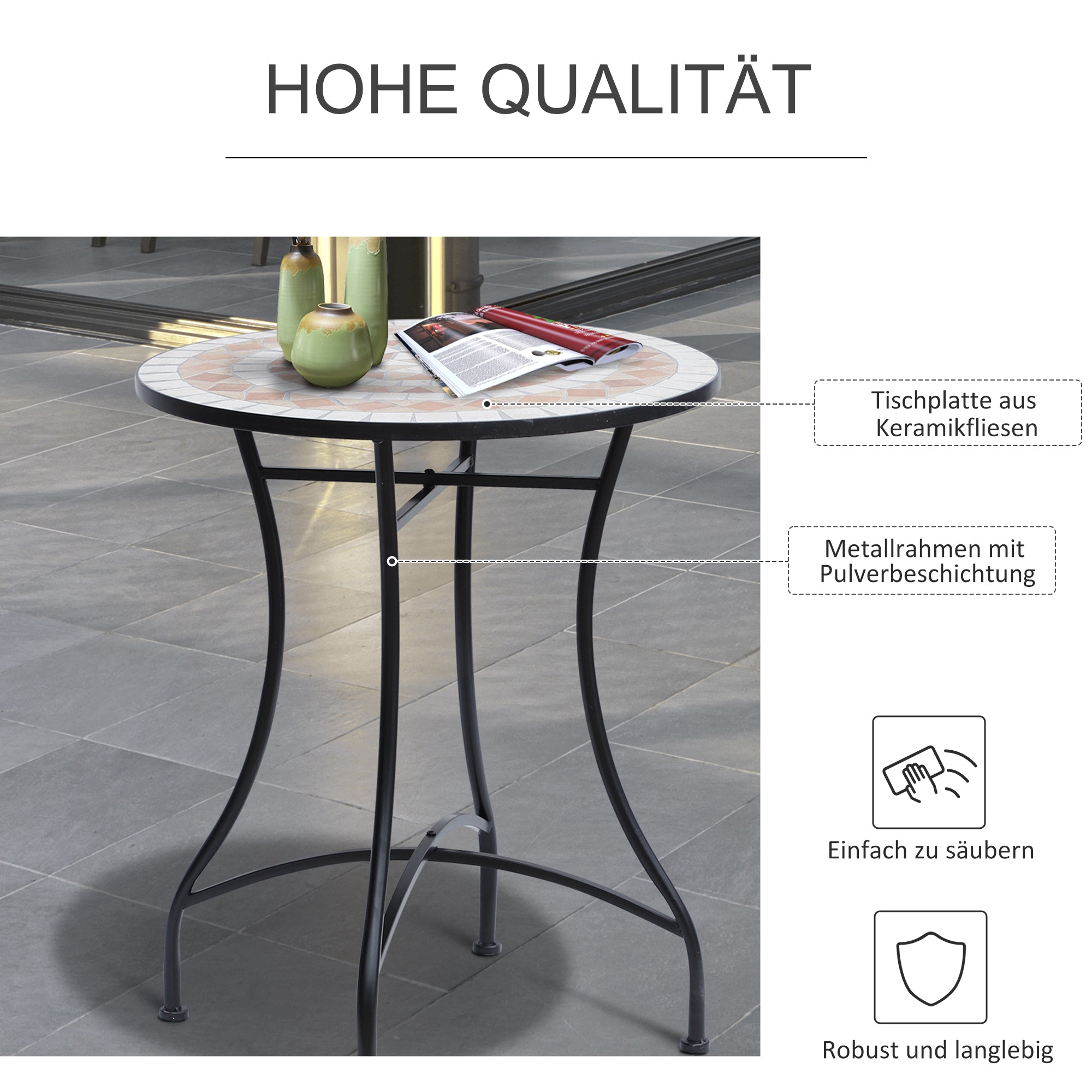 Outsunny Gartentisch Mosaiktisch Balkontisch Beistelltisch Seviertisch rund Stahl + Keramik Orange + Weiß Ø60 x H71 cm