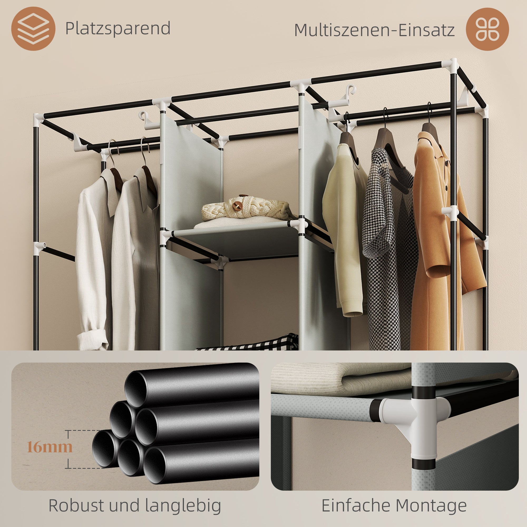 HOMCOM Stoffschrank aus Vlies, Faltschrank, inkl. 3 Schubladen, 125 cm x 43 cm x 162,5 cm, Hellgrau