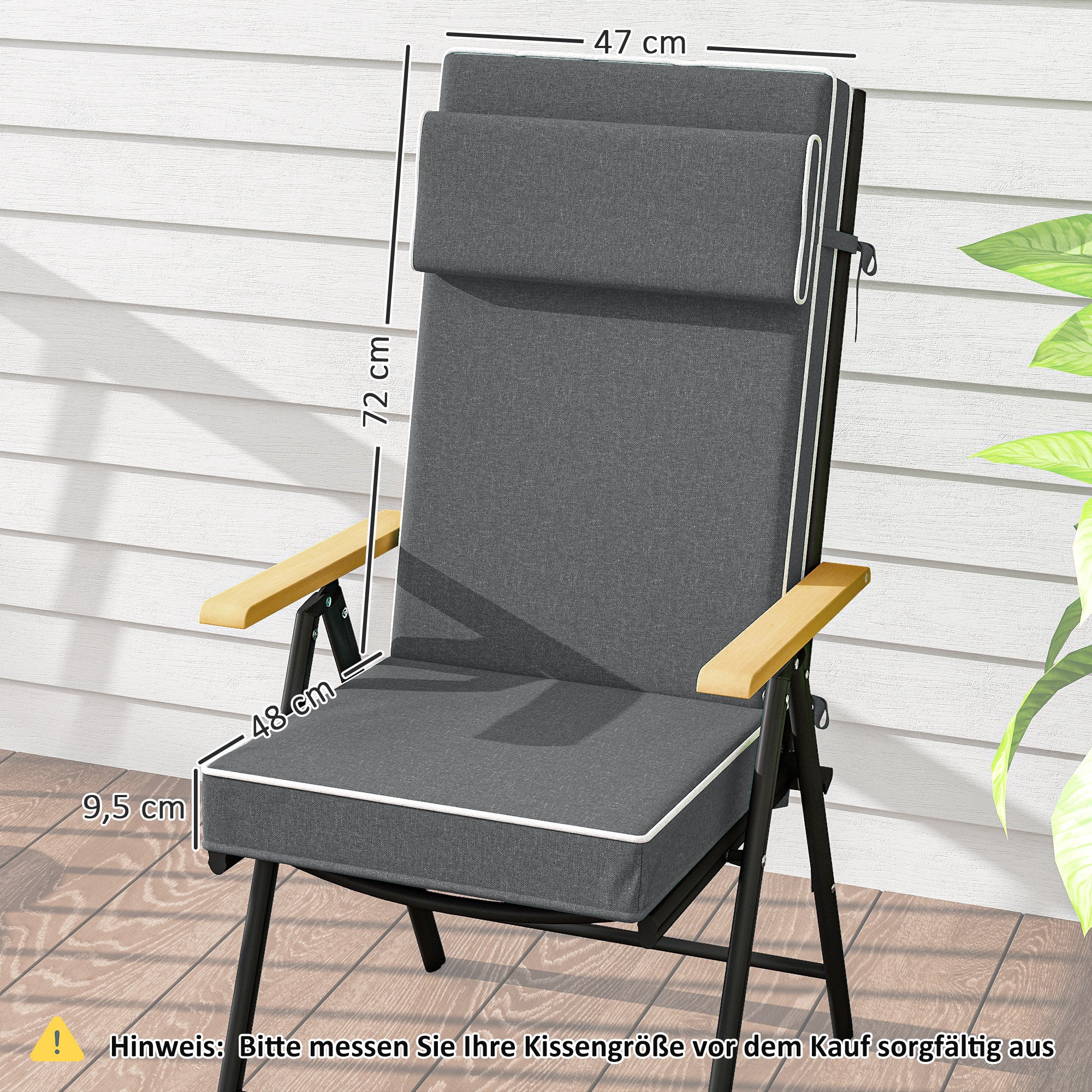 Outsunny Sitzkissen 120 x 47 x 9,5 cm wasserabweisend Stuhlkissen mit Bändern, Kopfstütze, UPF50+ Dunkelgrau