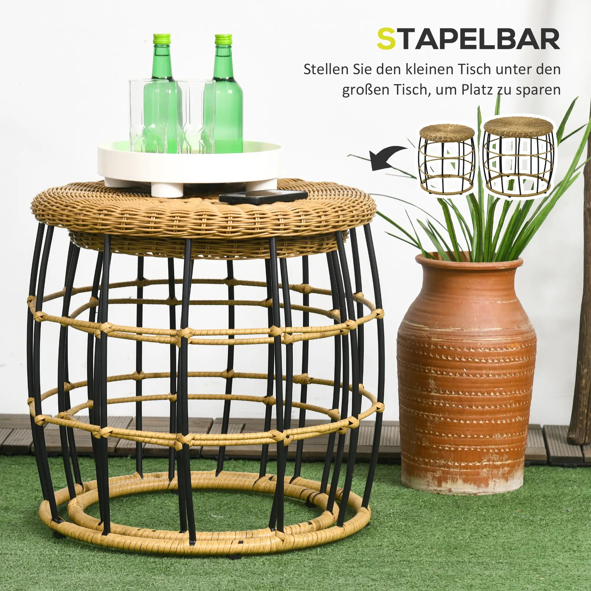 Outsunny 2er-Set Gartentische Balkontische, Boho-Stil, wetterbeständig, Schwarz + Khaki