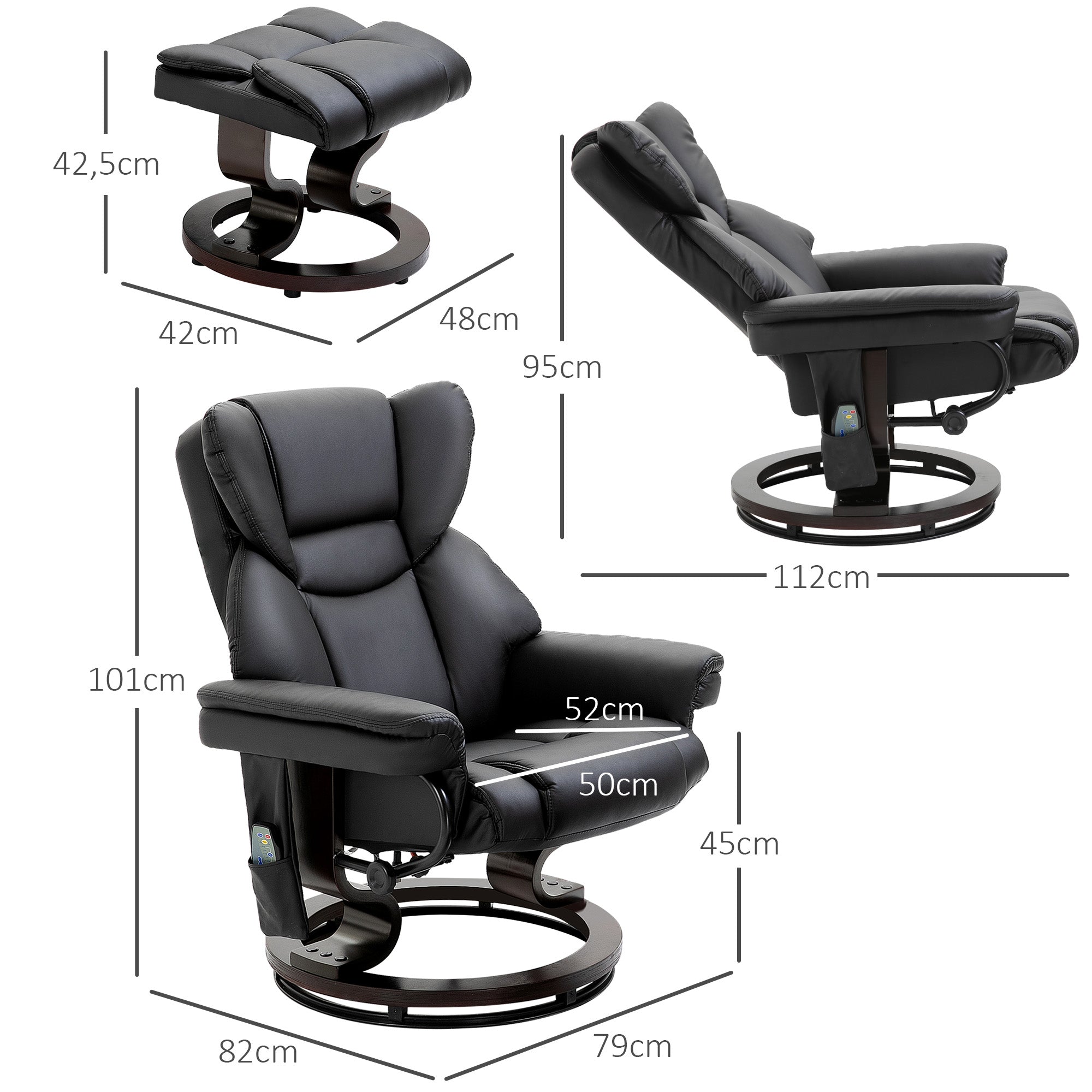 HOMCOM Relaxsessel mit Massagefunktion Fußhocker Liegefunktion Kunstleder 79 x 82 x 101 cm