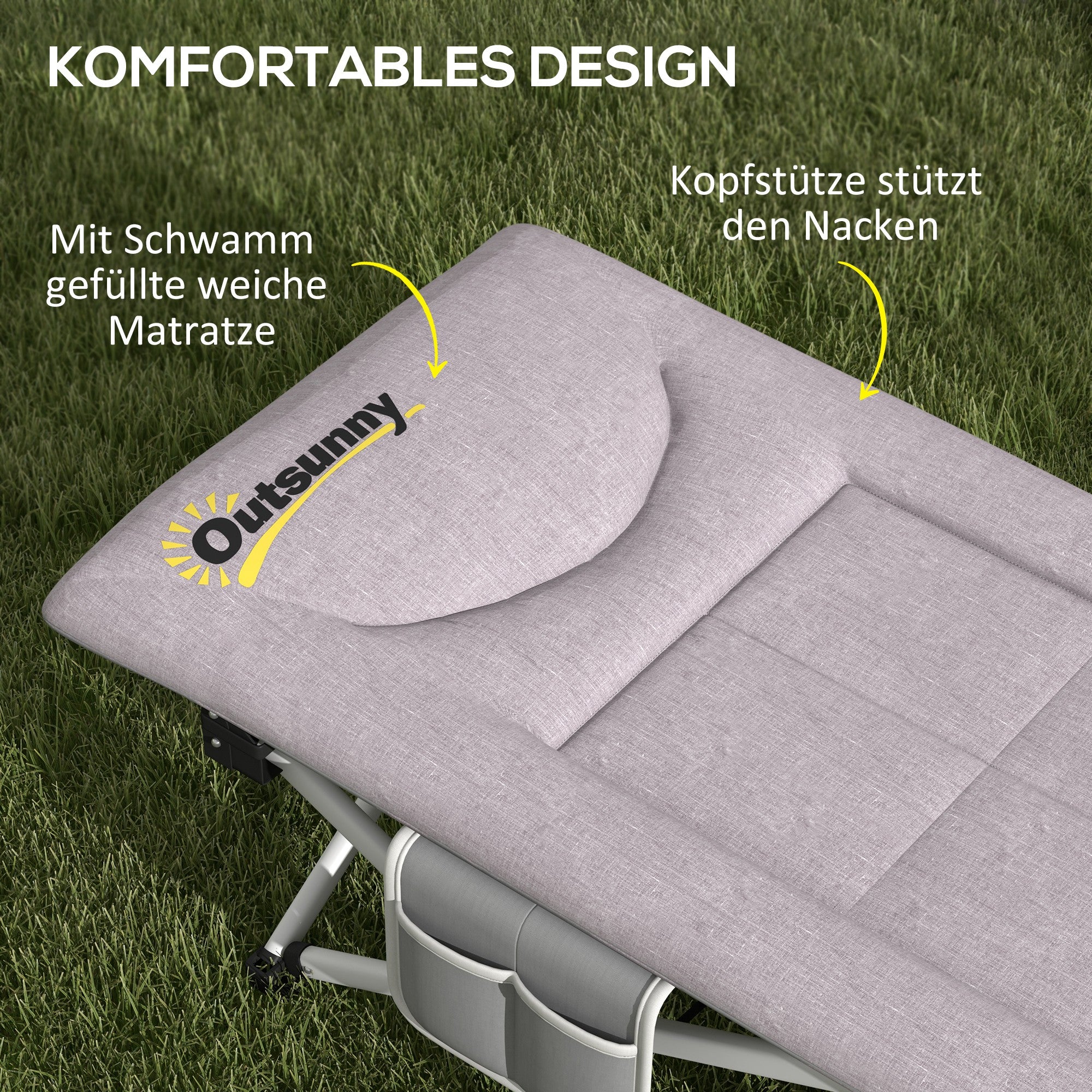 Outsunny Feldbett, Campingbett, klappbar, weich, bis 200 kg, rostfreies Metallgestell, 200x65x42cm, Grau