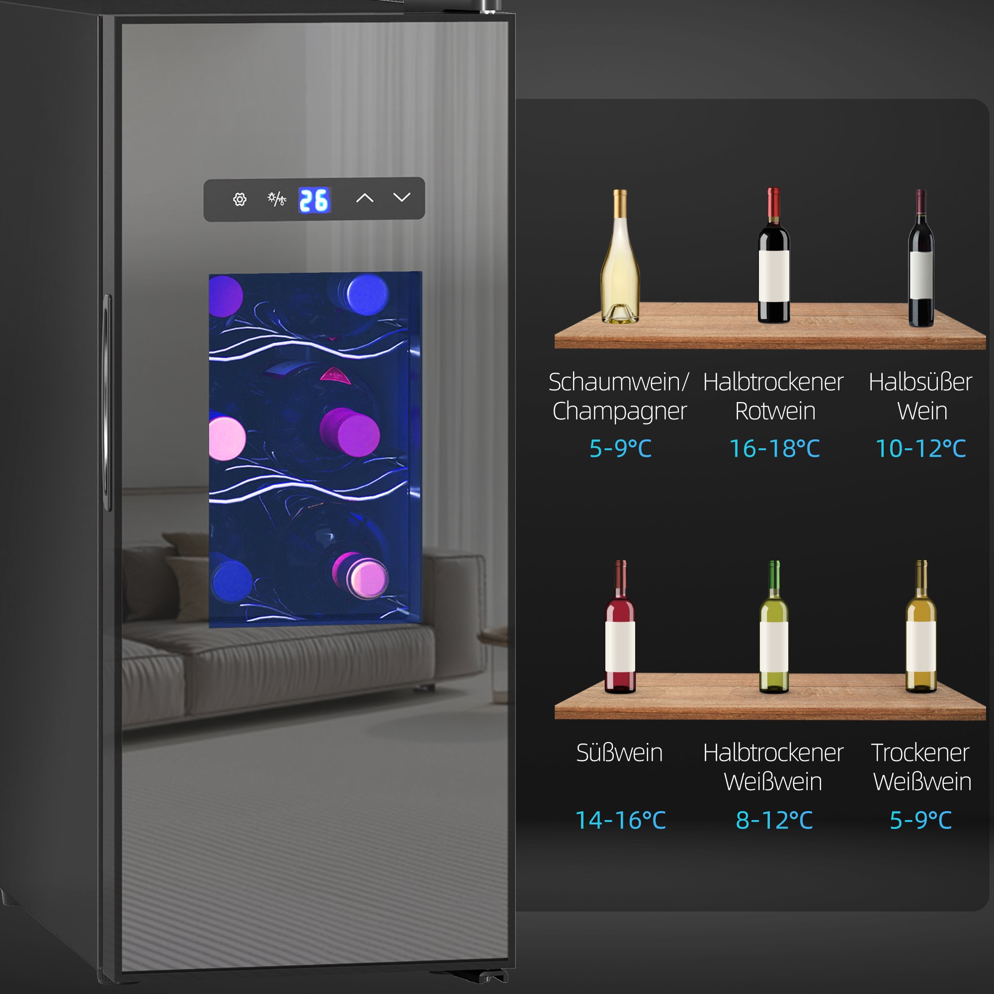 HOMCOM Weinkühlschrank für 12 Flaschen, mit Glastür, Getränkekühlschrank mit LED-Licht, Touch-Screen, Schwarz