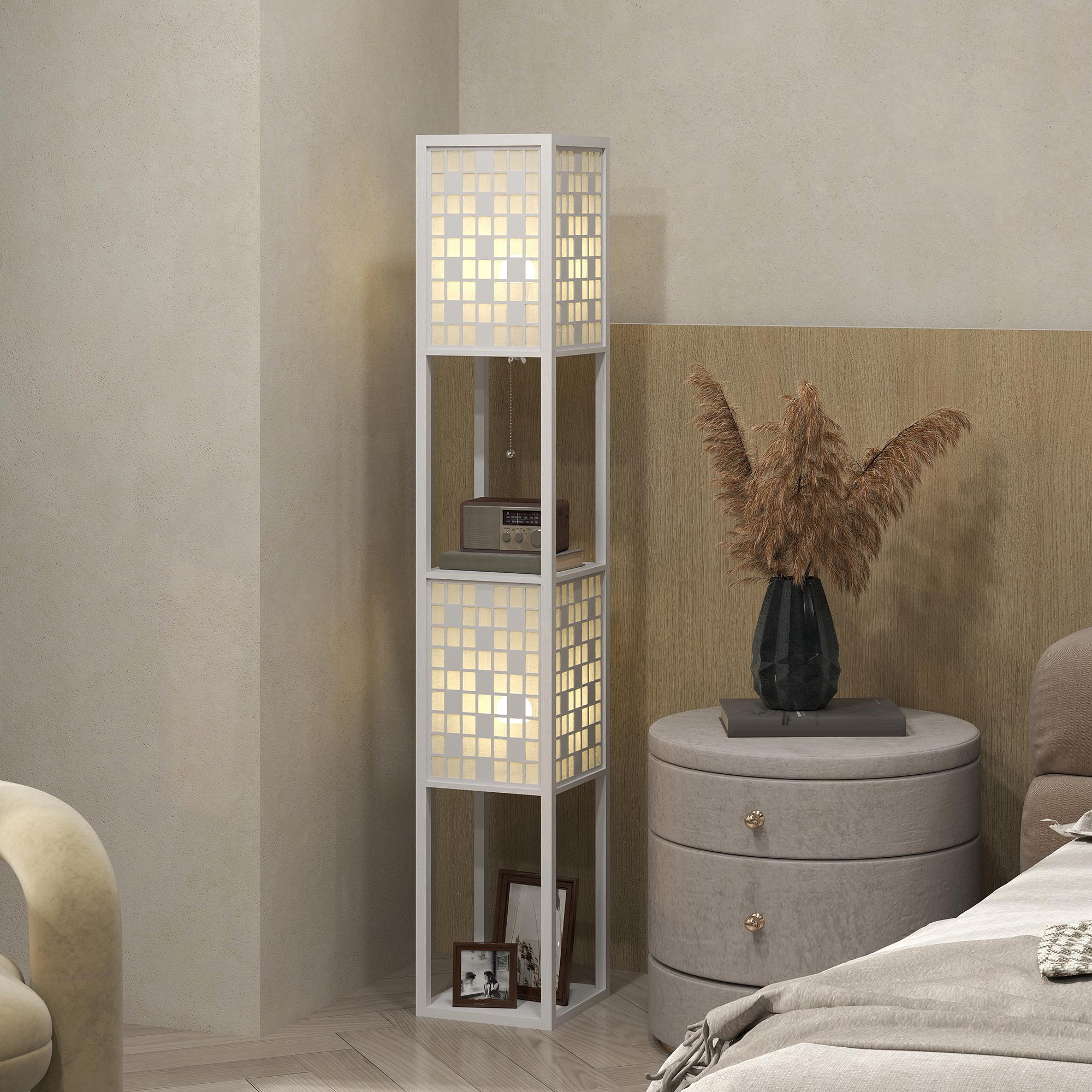 HOMCOM Stehlampe, Gittermuster, 2-Ebenen-Regale, für verschiedene Glühbirnen, Weiß