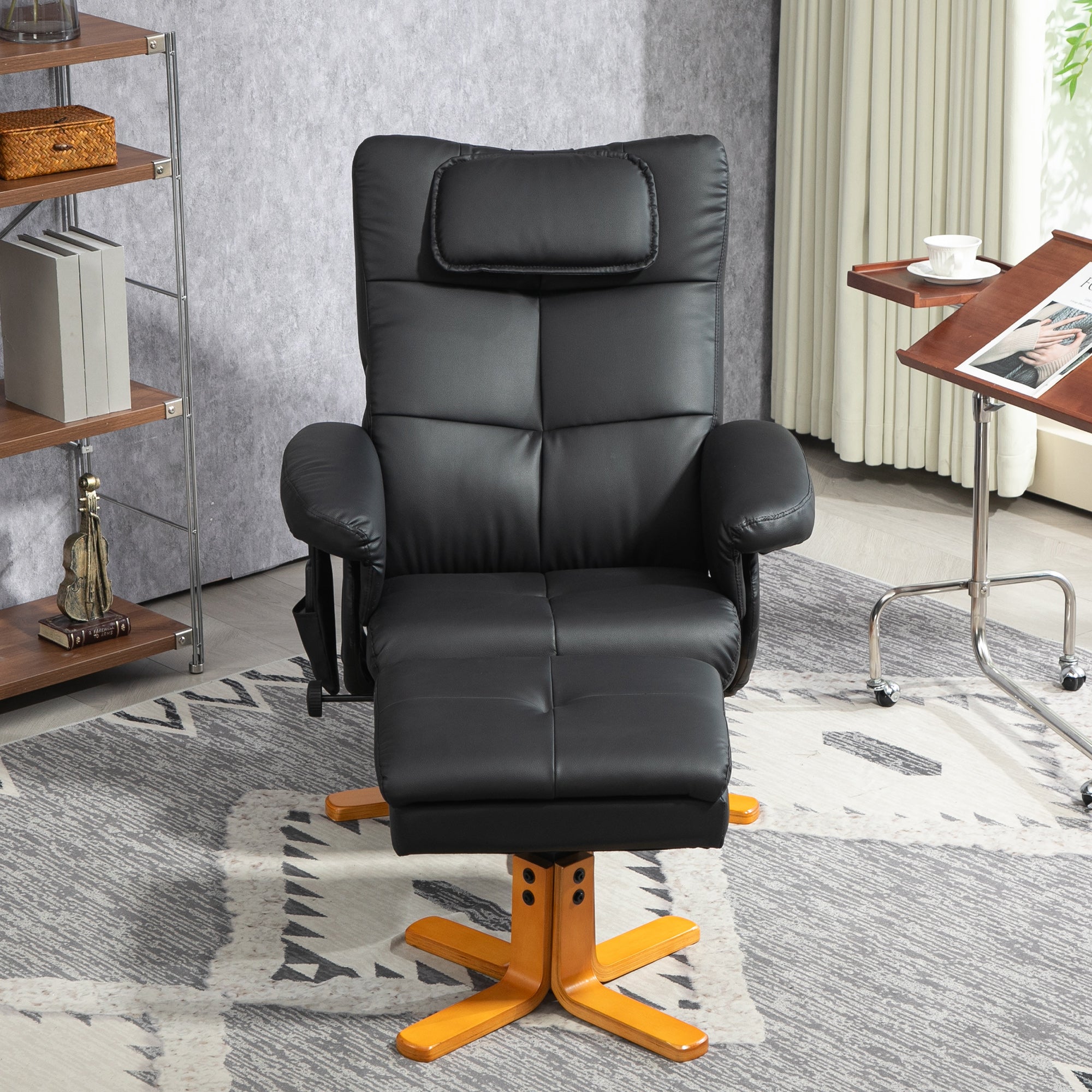 HOMCOM Massagesessel mit Hocker, verstellbare Lehne, USB-Ladeport, Lederoptik, bis 150 kg, Schwarz