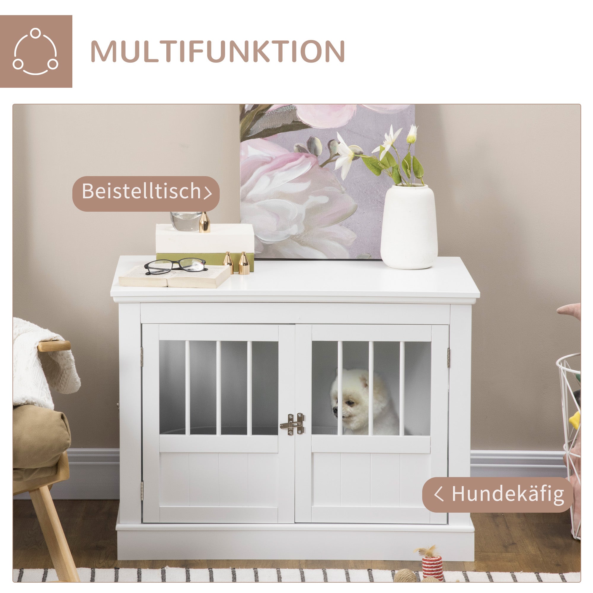 PawHut Hundekäfig, Möbel mit 3 Türen Hundehütte Hundebox für Zuhause 78 x 53 x 59,3 cm, Weiß