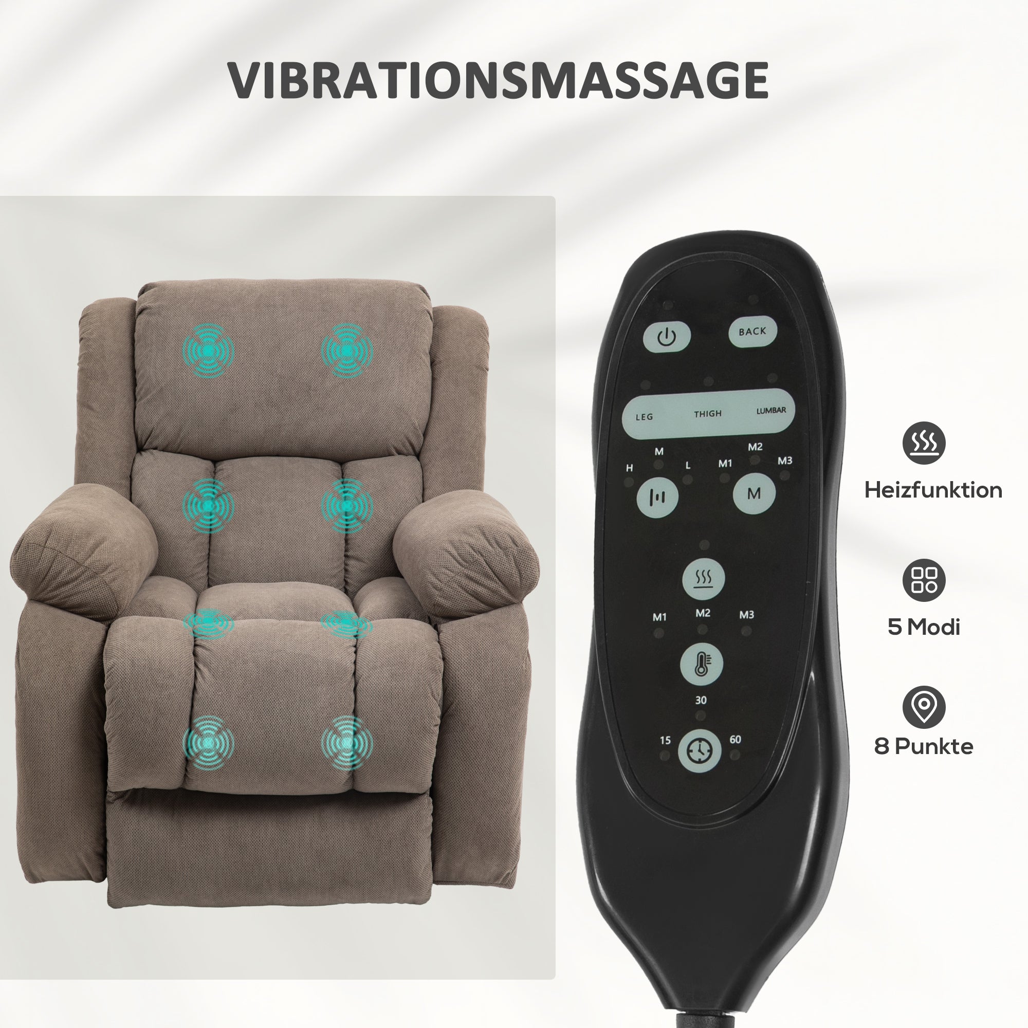 HOMCOM Fernsehsessel mit Massage- und Wärmefunktion, Elektrischer Aufsteh-Sessel, Fernbedienung, Seitentaschen, Hellbraun
