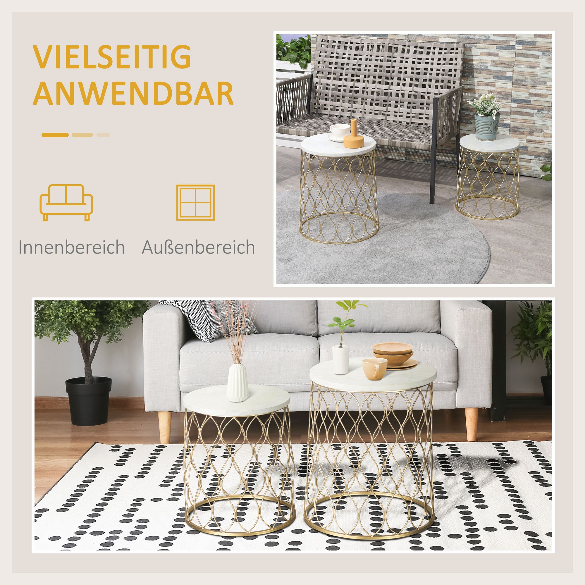 Outsunny 2er-Set Gartentisch Beistelltische Couchtische Retro Drahtkorb Metallkorb Garten Satztisch Gartenmöbel Outdoor Balkon Stahl Gold + Weiß Ø41 x 46 cm