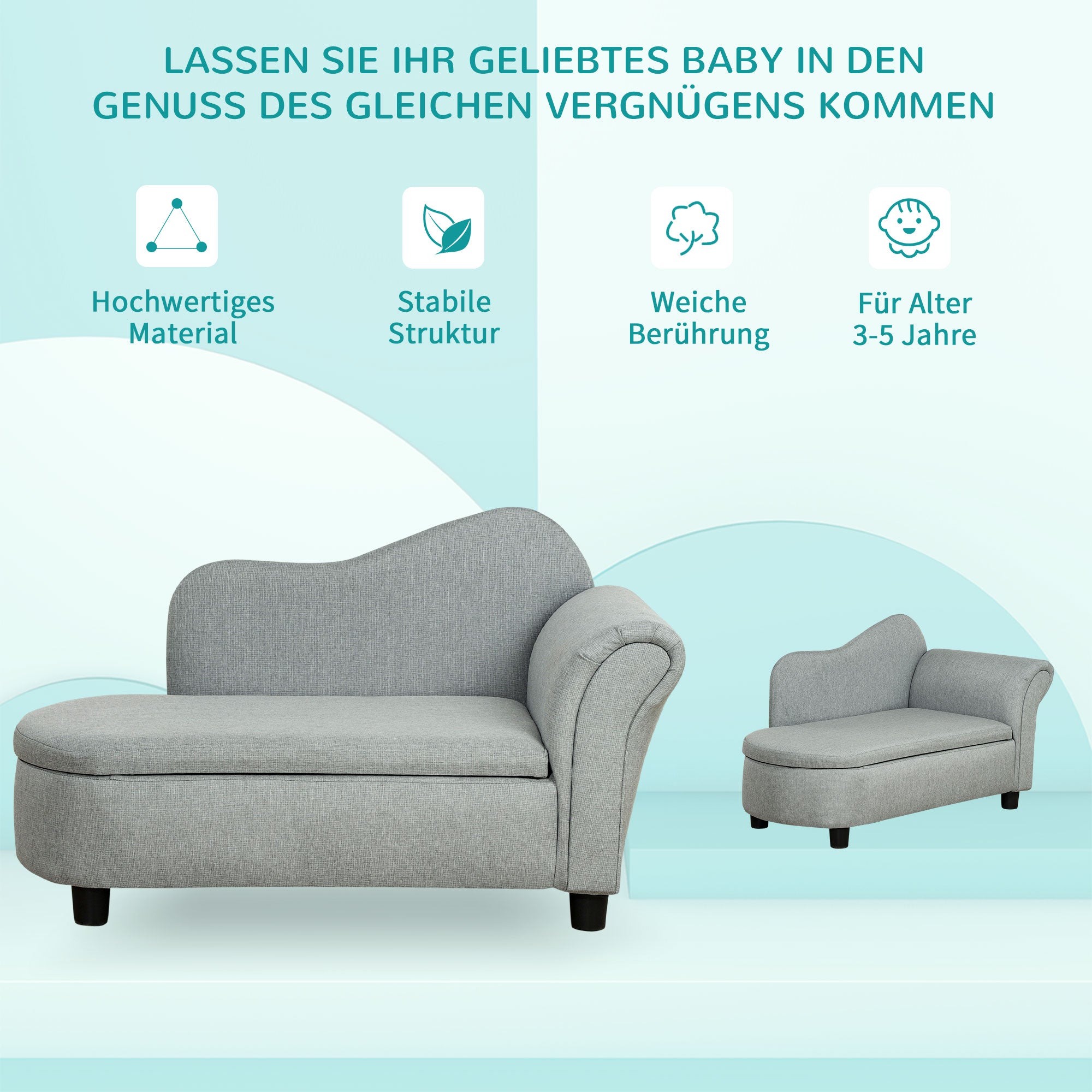 HOMCOM Kindersofa, Récamiere, verstecktes Staufach, Rahmen aus Eukalyptusholz, grau, 80 x 40 x 49cm