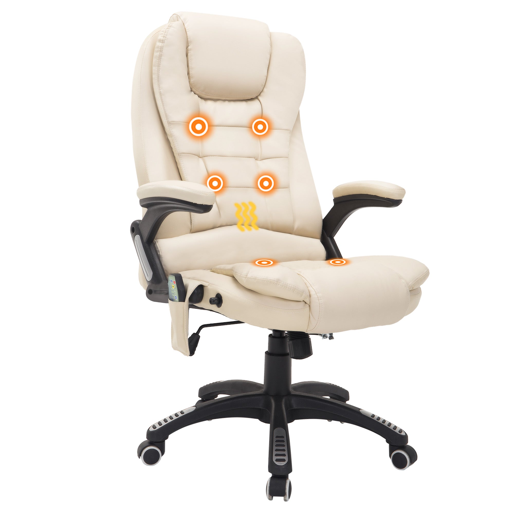 HOMCOM Bürostuhl mit Massagefunktion, Wärmefunktion, höhenverstellbar, Kippfunktion, Massage-Bürostuhl, Cremeweiß + Schwarz