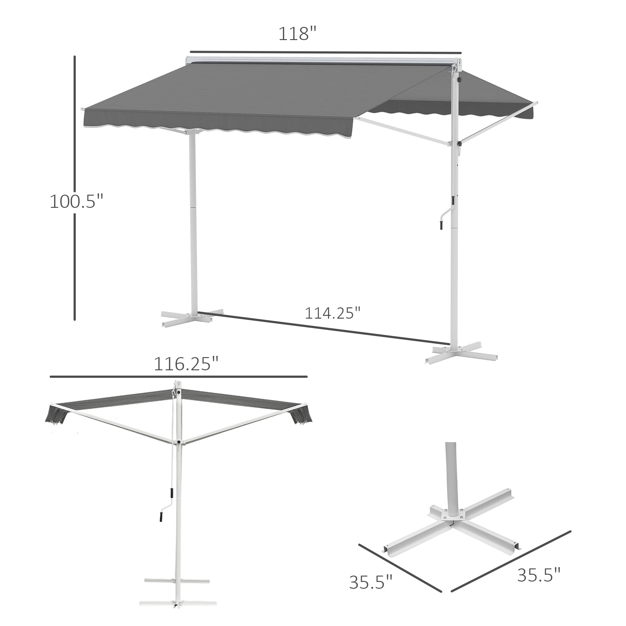 Outsunny Standmarkise Gartenmarkise Markise mit Faltarm Kurbel Terrasse Grau 3x3m