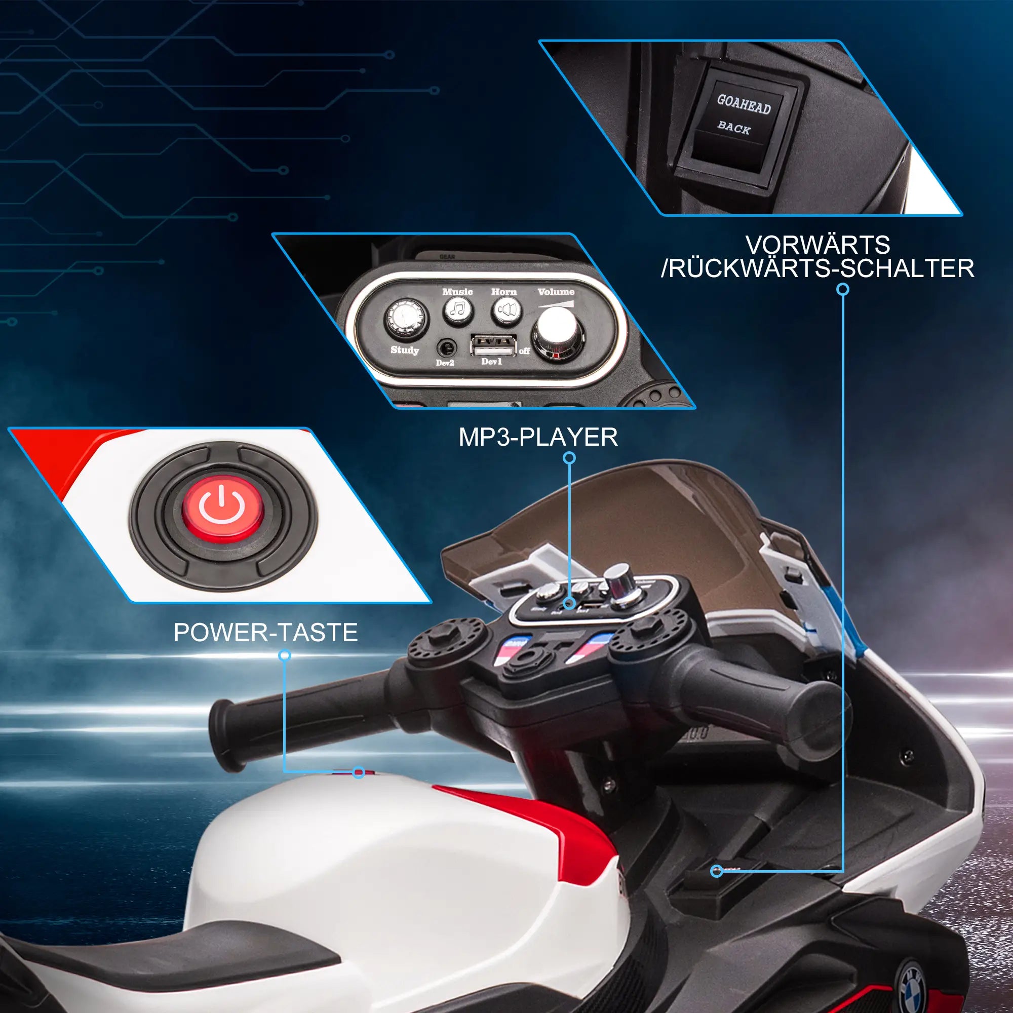 HOMCOM Kinder-Elektromotorrad Musikfunktion sichere 3-Rad-Ausführung Rot