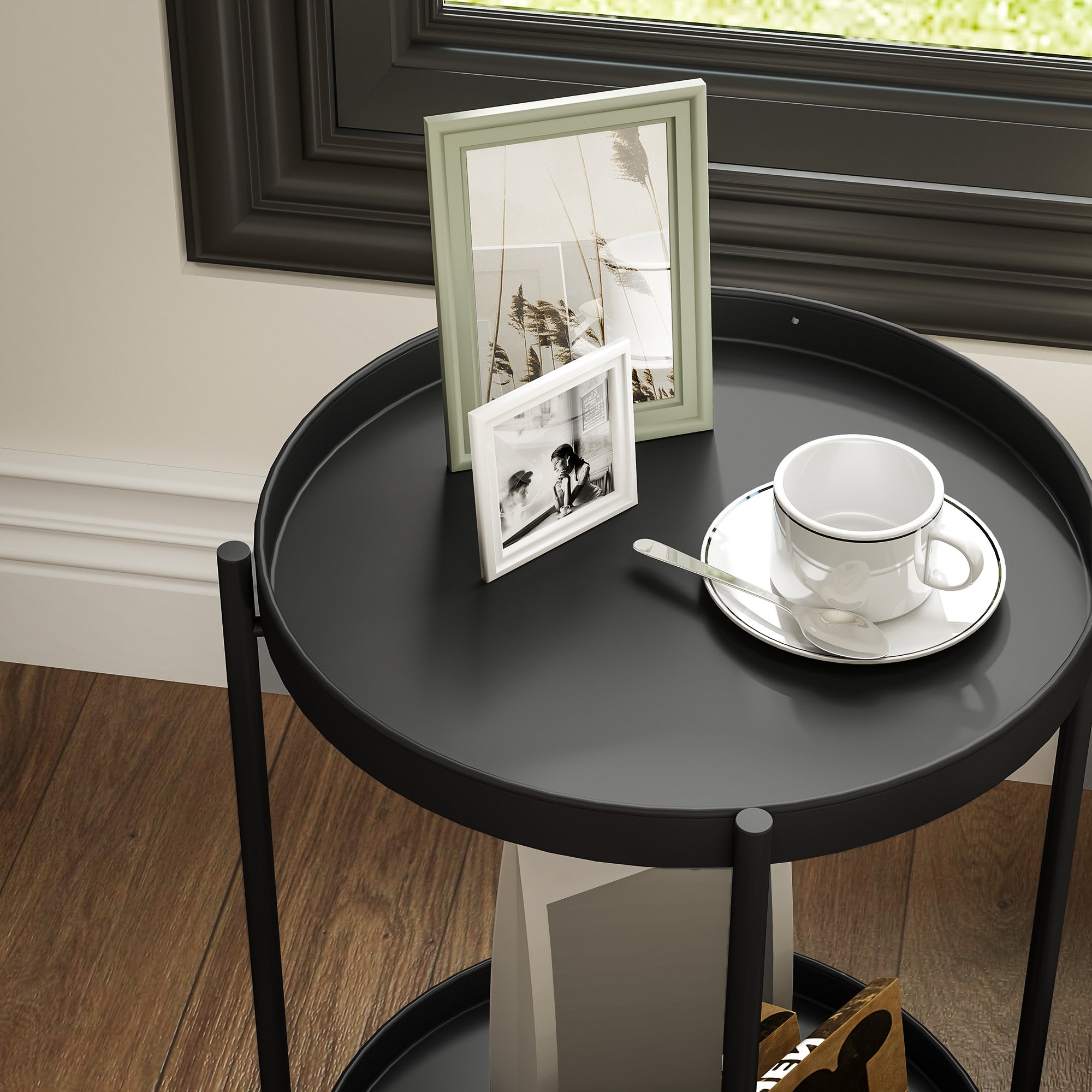 HOMCOM Runder Beistelltisch mit Regalboden, 2-stufiger Kaffeetisch für Wohnzimmer, Schlafzimmer, kleine Räume, Metall, Schwarz