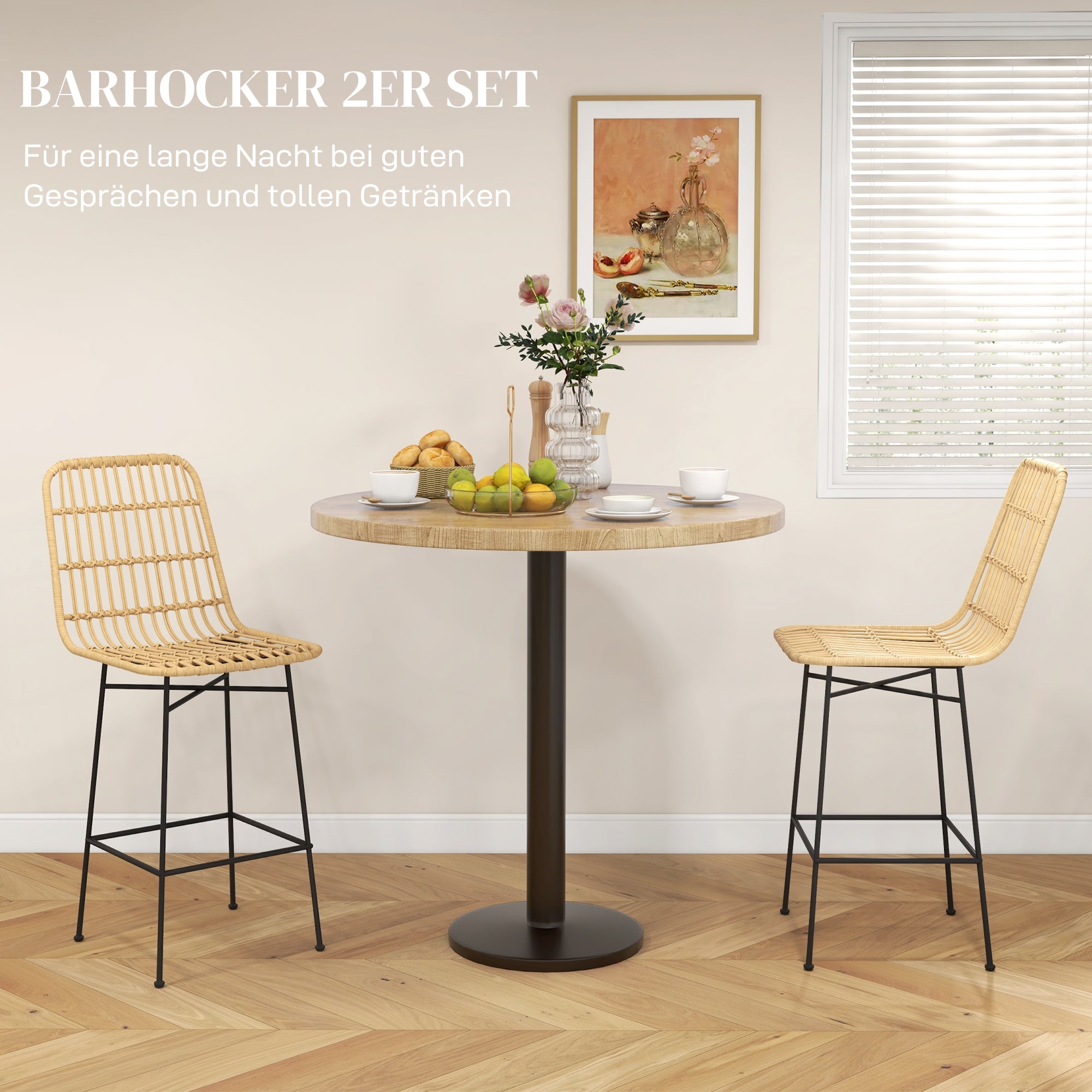 HOMCOM Barhocker Barstuhl, Boho-Stil, PE-Rattan, 45 x 53,5  x 105 cm, Natur + Schwarz