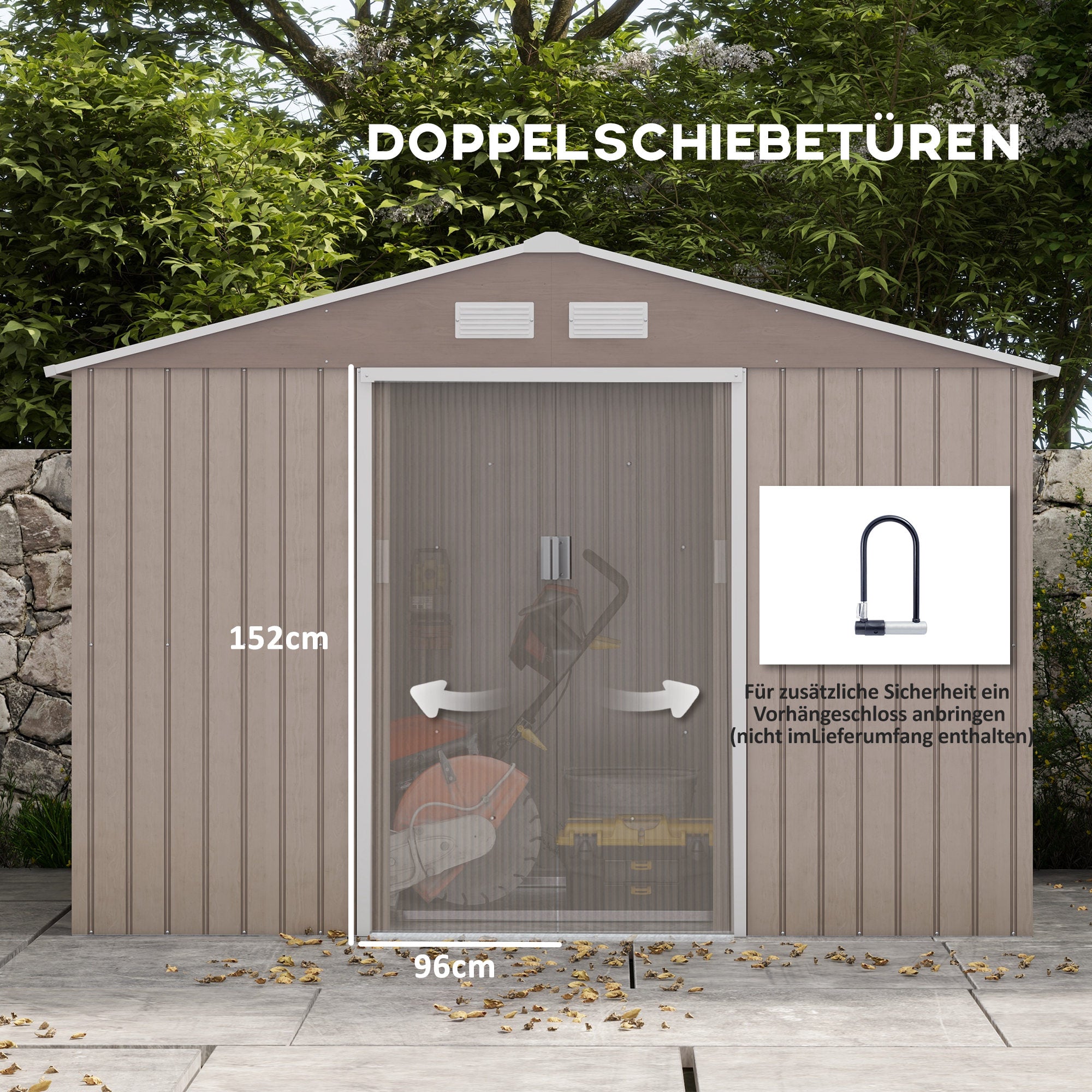 Outsunny Geräteschuppen, 2 Schiebetüren, 4 Fenster, wetterfest, Metallgehäuse, 2,7 x 1,9 x 1,9 m, Braun