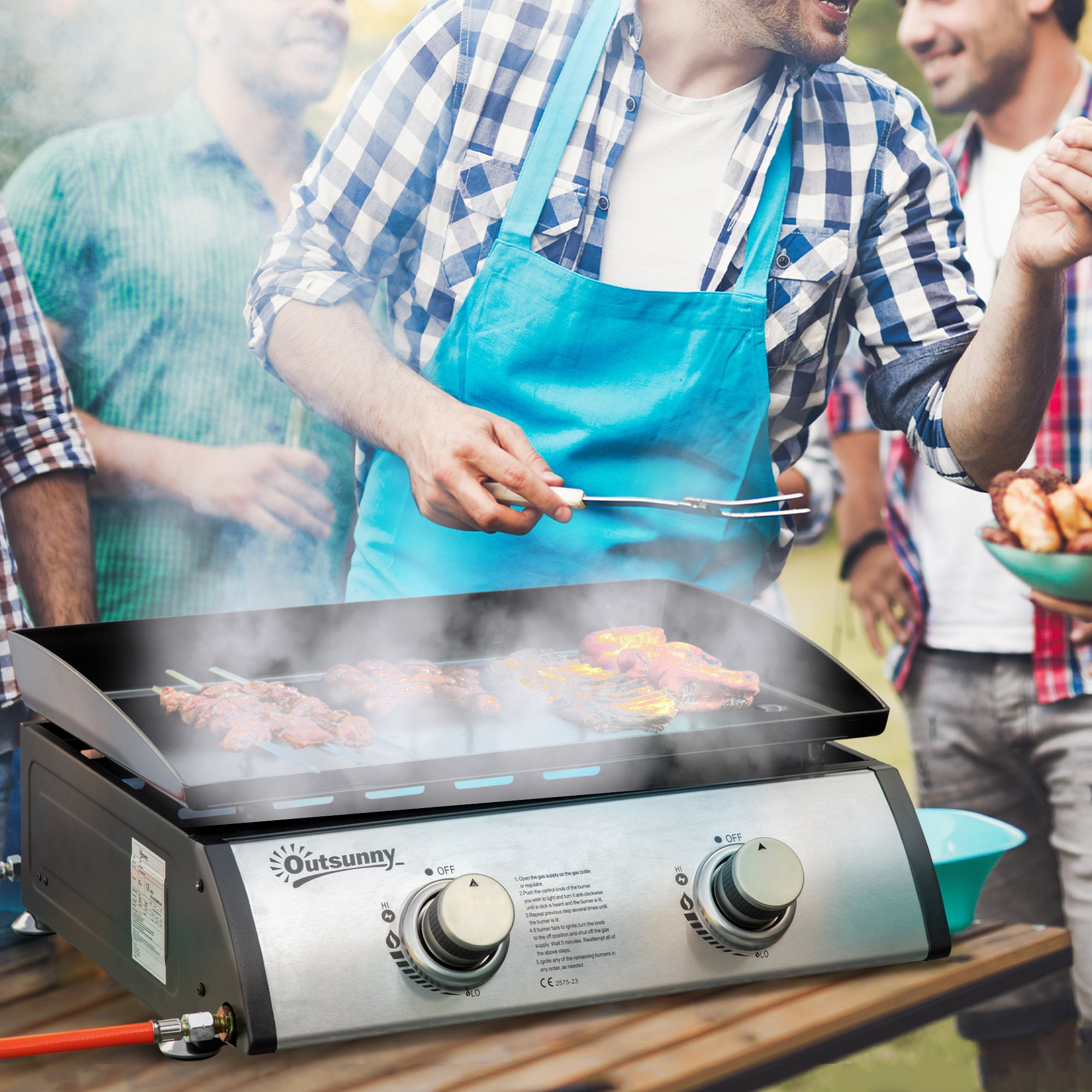 Outsunny Gasgrill mit 2 Brennern, Schlauch, Antihaft-Grillplatte, Edelstahl, Farbe: Silber, 48,5 x 46 x 21 cm