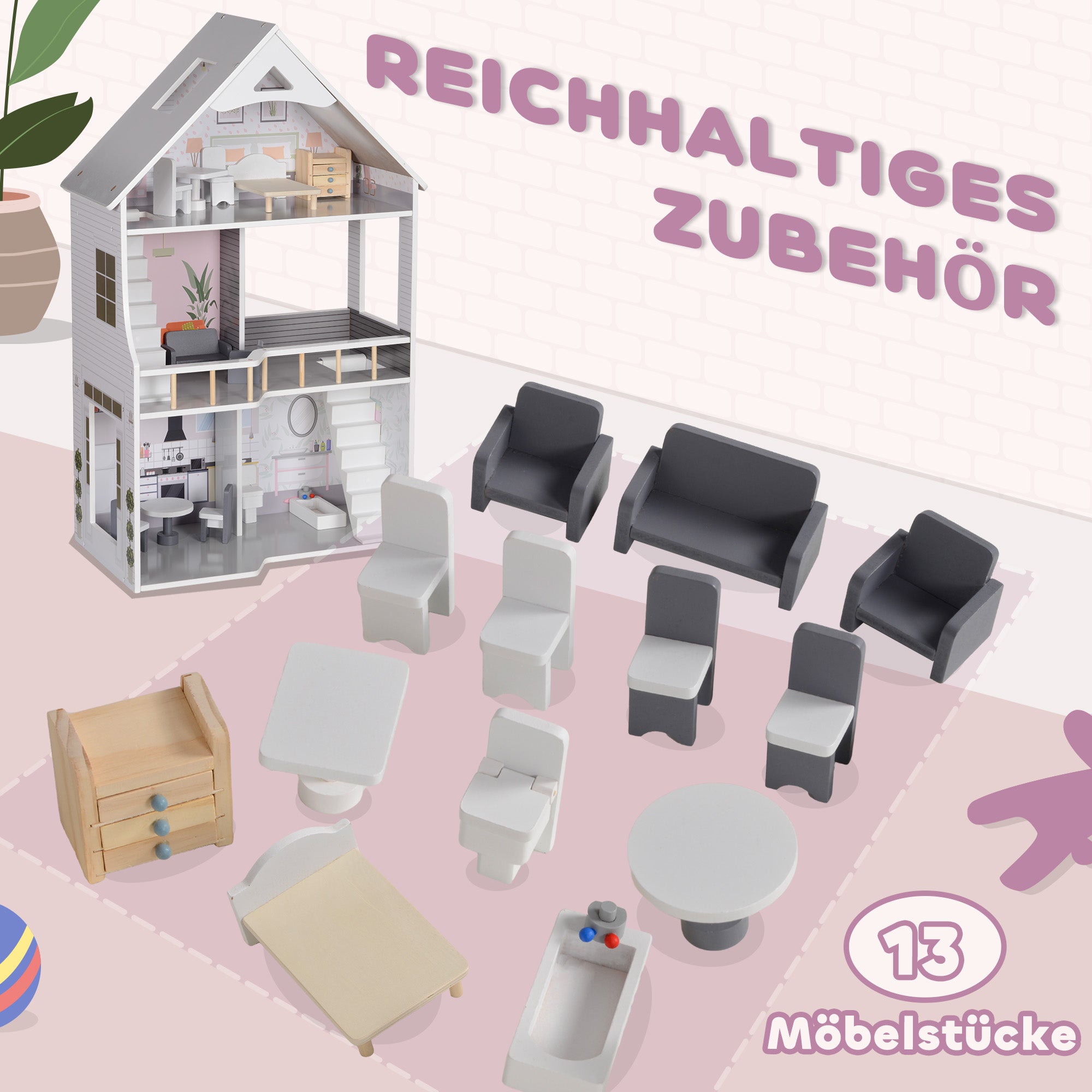 AIYAPLAY Puppenhaus aus Holz mit 13 Möbelstücken und Zubehör, 3-stöckiges Spielhaus für Kinder im Alter von 3-6 Jahren