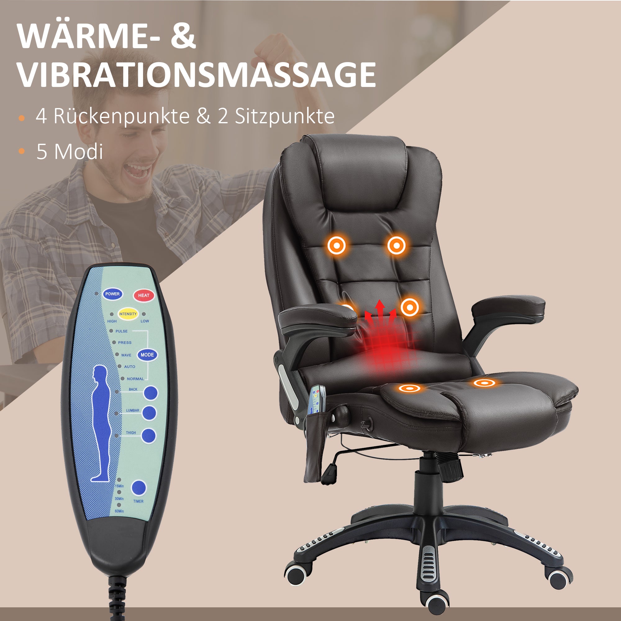 HOMCOM Massagesessel Bürosessel Bürostuhl Chefsessel Gamingsessel 6 Punkt Vibrations Massage mit Wärmefunktion Kunstleder Ledersessel drehbar (Braun)