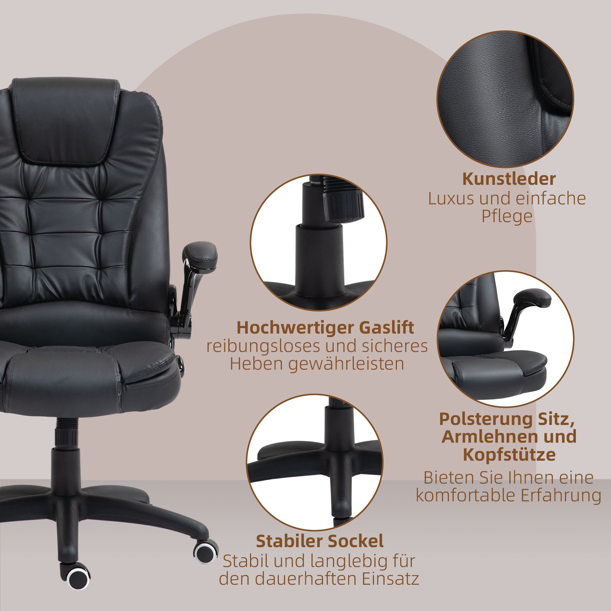 HOMCOM Ergonomischer Bürostuhl, klappbare Armlehnen, Neigefunktion, Schwarz