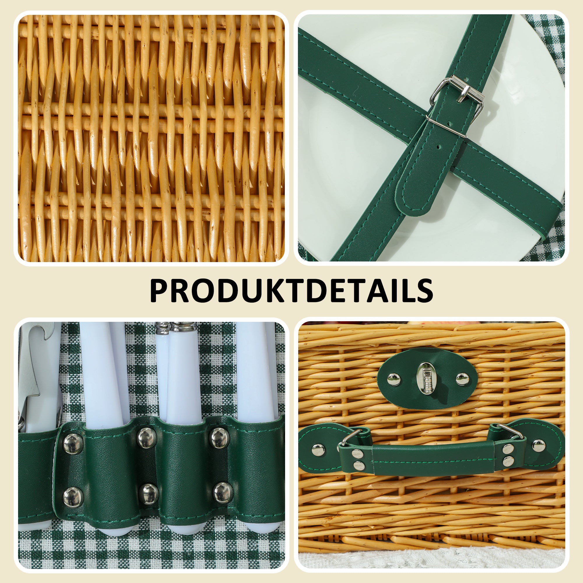 Outsunny Picknickkorb aus Weidenholz Picknickkoffer für 2 Personen mit Isoliert Kühlfach Besteck Set Hellbraun